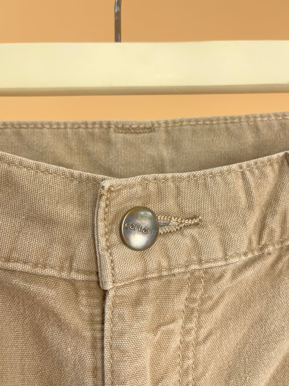Vintage Carhartt cream cargo pants with leather patch and utility pockets — Arkive Vintage