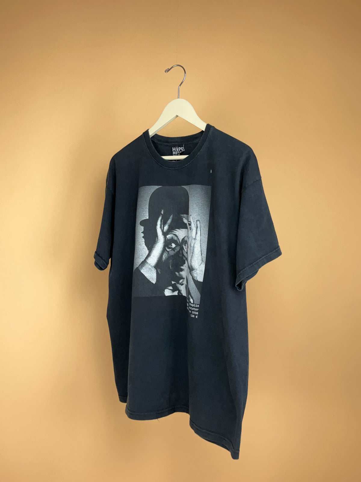 Charlie Chaplin black graphic t-shirt with iconic Modern Times portrait — Arkive Vintage