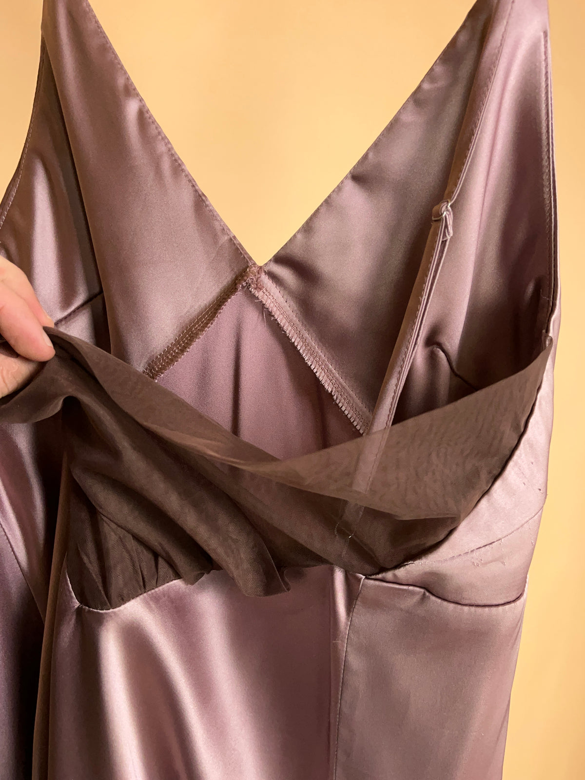 Commense mauve bias-cut satin slip dress with sheer mesh back panel — Arkive Vintage