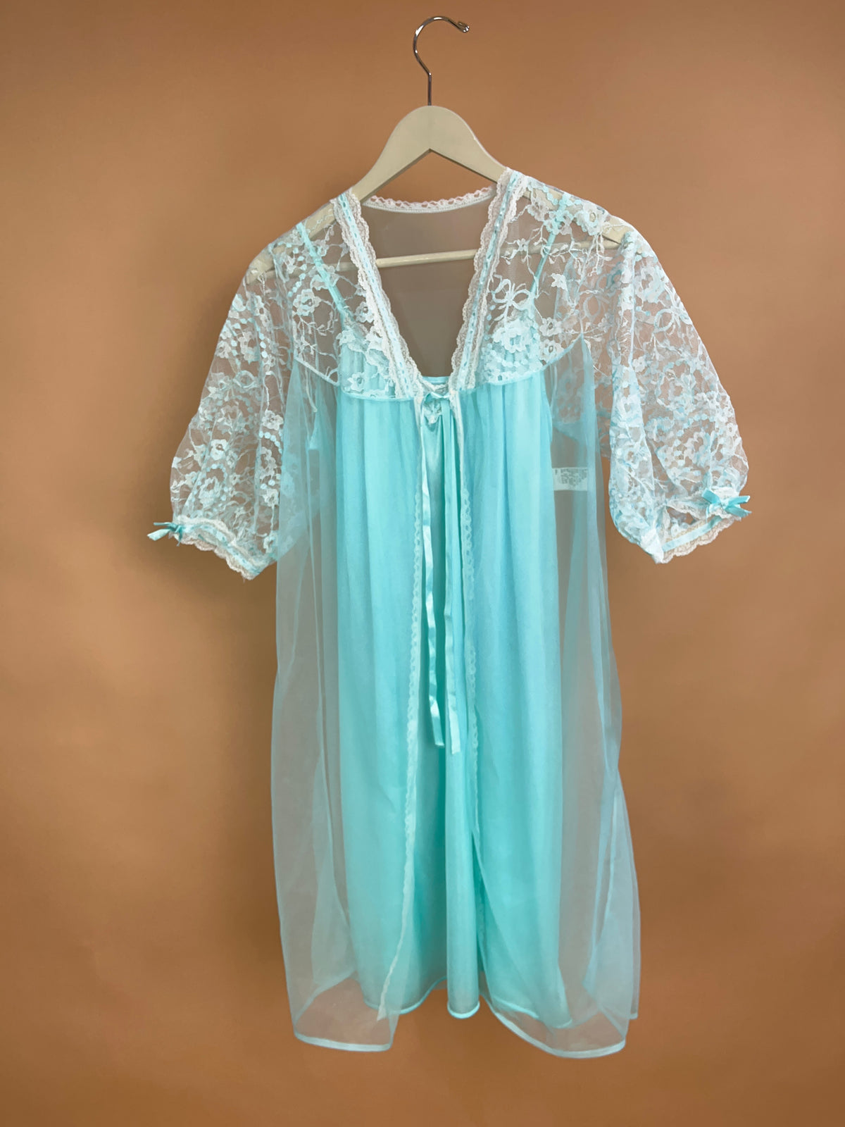 1970's ILGWU teal nylon robe and mini slip lingerie set, Made in USA — Arkive Vintage