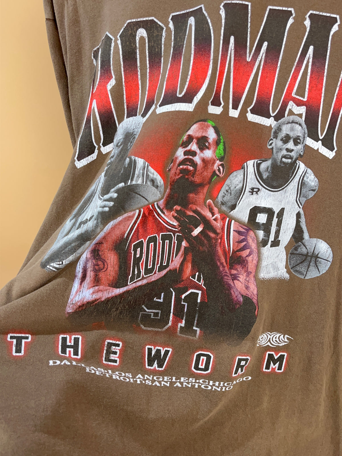Dennis Rodman The Worm graphic basketball t-shirt, faded and cracked print — Arkive Vintage