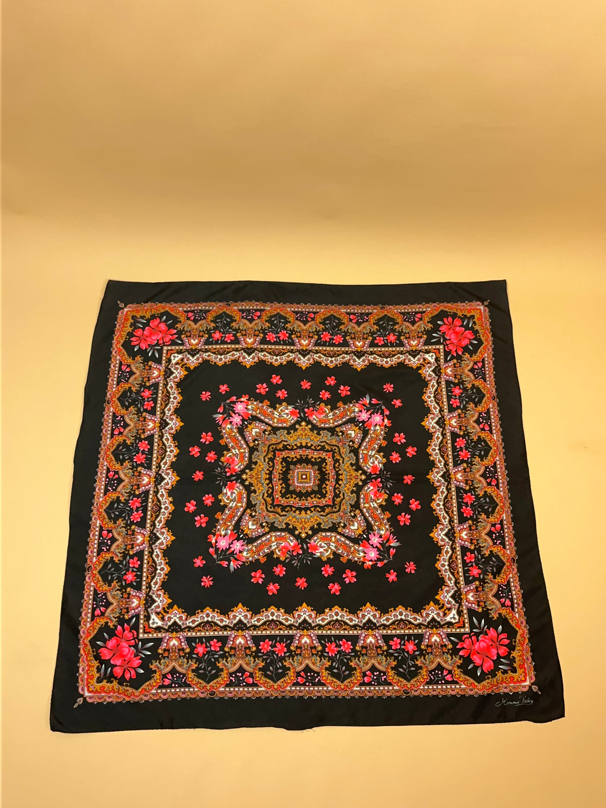 1970s Large Black and Fuchsia Folk Art Scarf