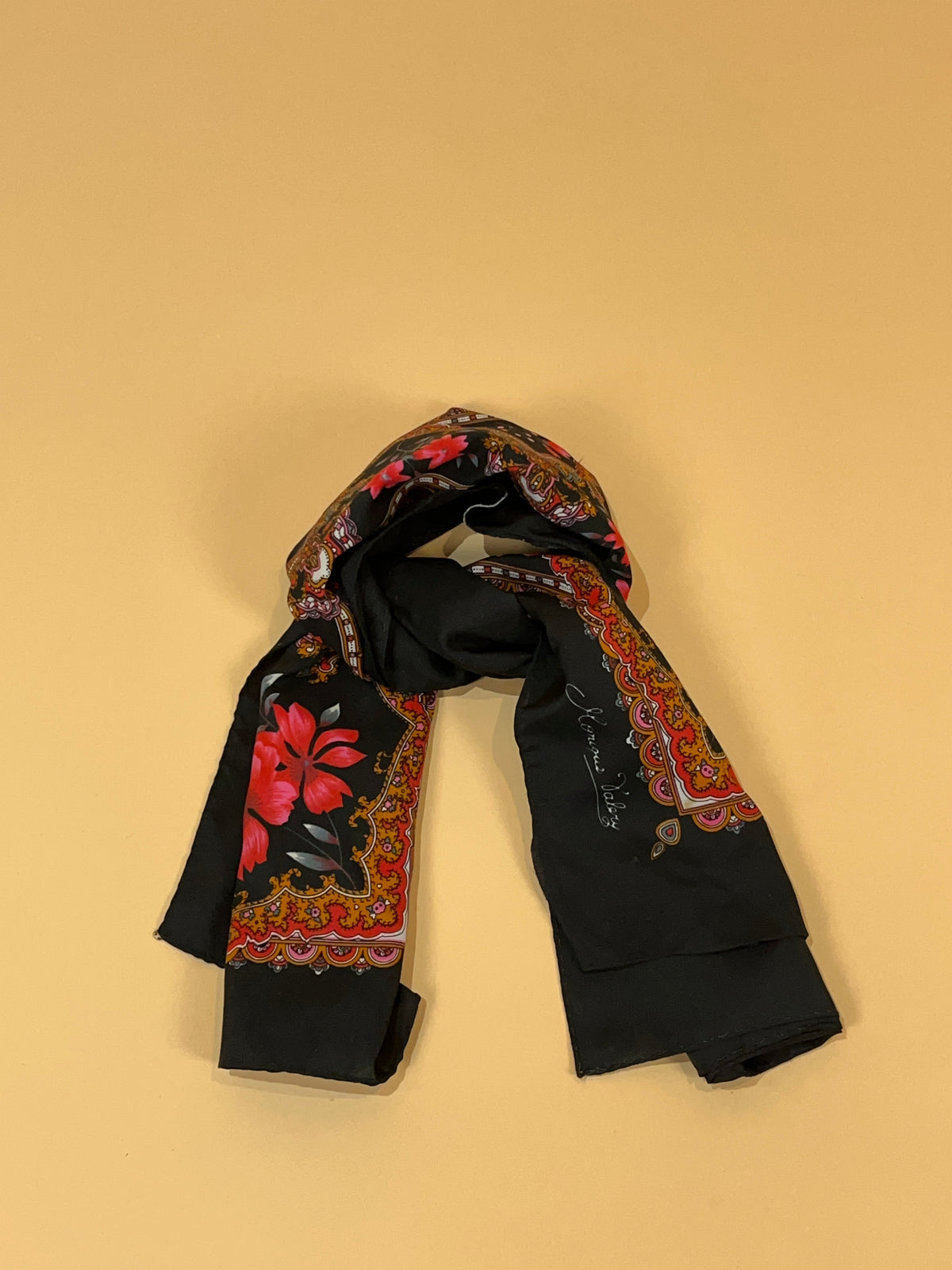 1970s Large Black and Fuchsia Folk Art Scarf