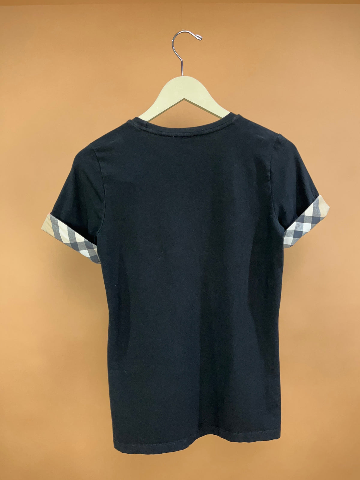 Y2K Burberry Brit black stretch cotton t-shirt with Nova check cuffs — Arkive Vintage