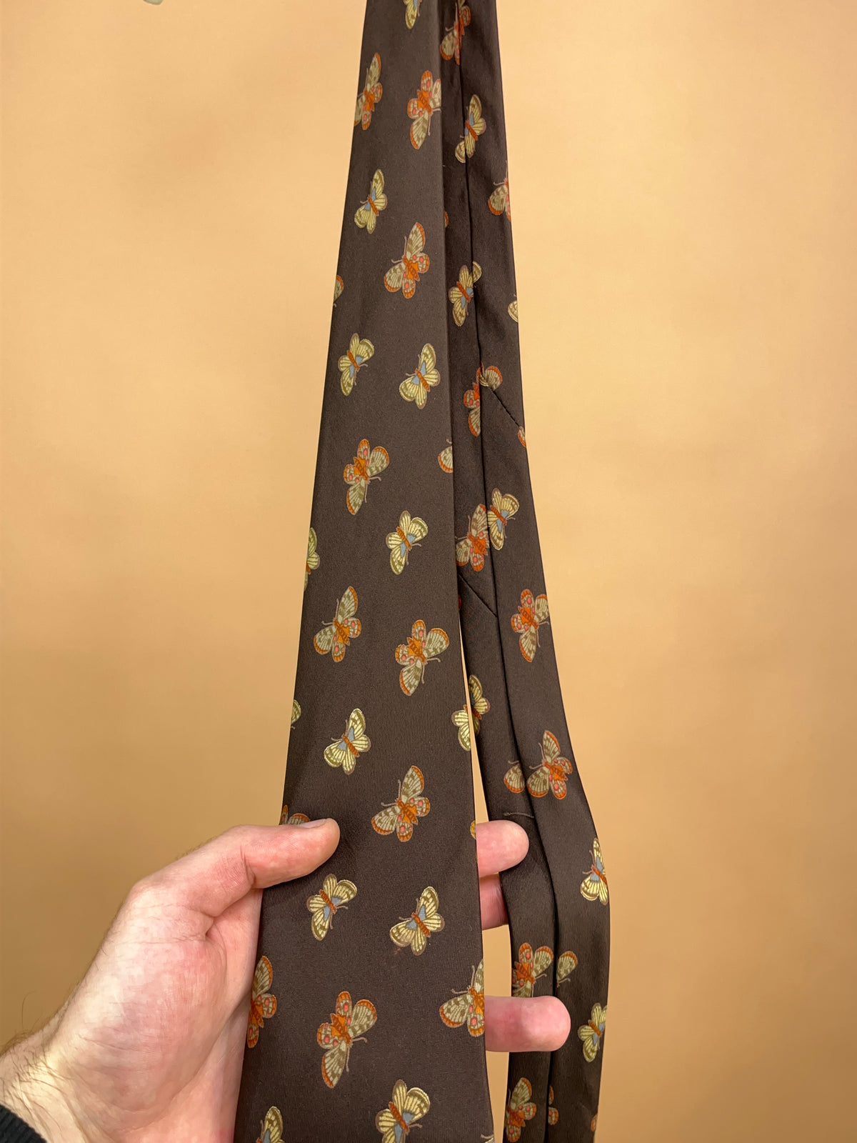 1970's Gucci Butterfly Print Brown Silk Necktie - ONE SIZE
