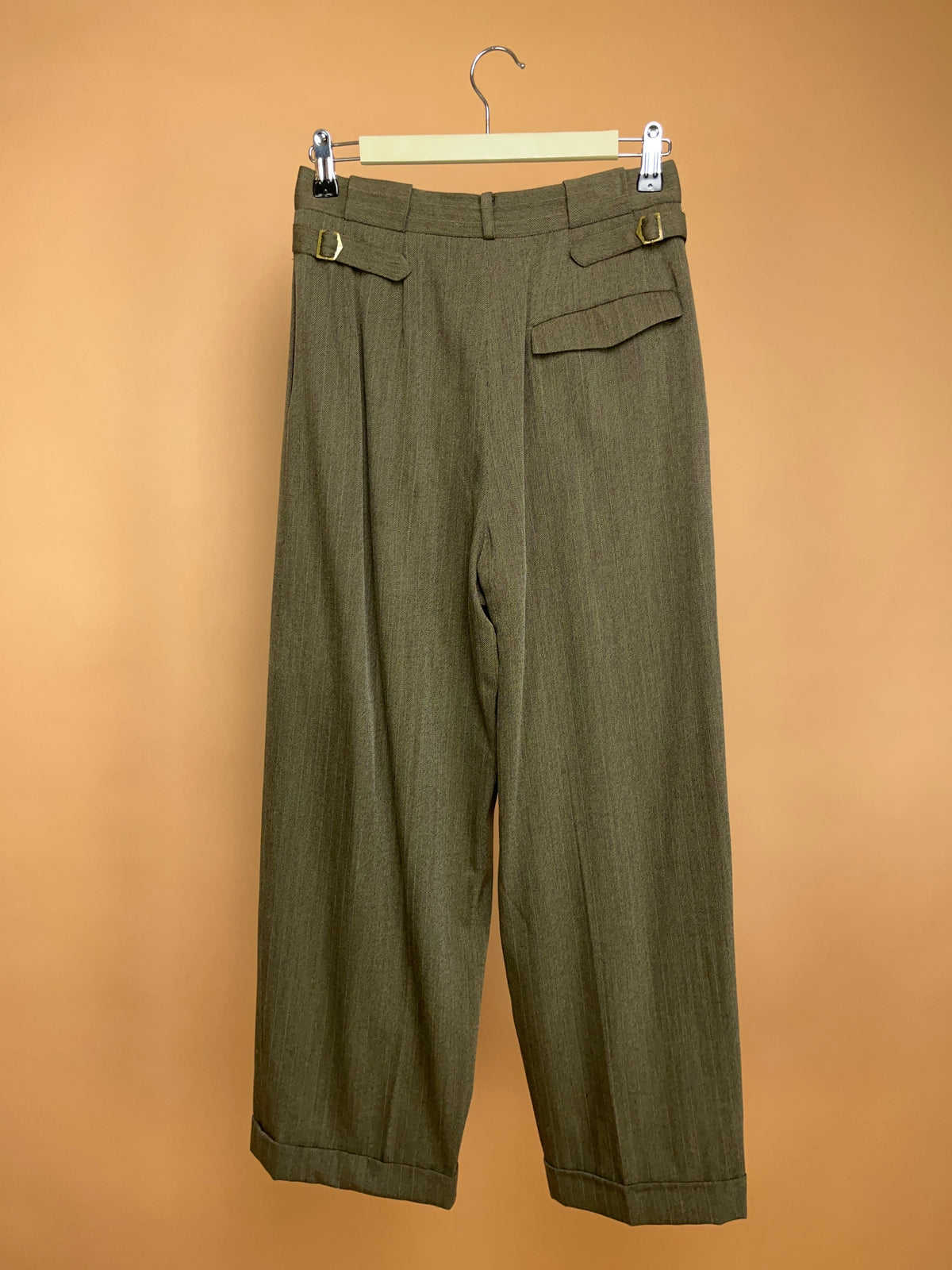 1990's DKNY Olive Brown Pinstripe Pleated Wool Trousers - 28"