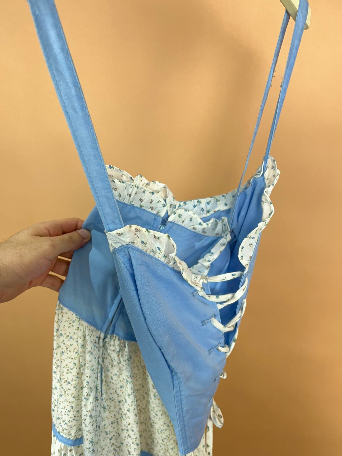 1970s Powder Blue Floral Lace-Up Prairie Dress - 6