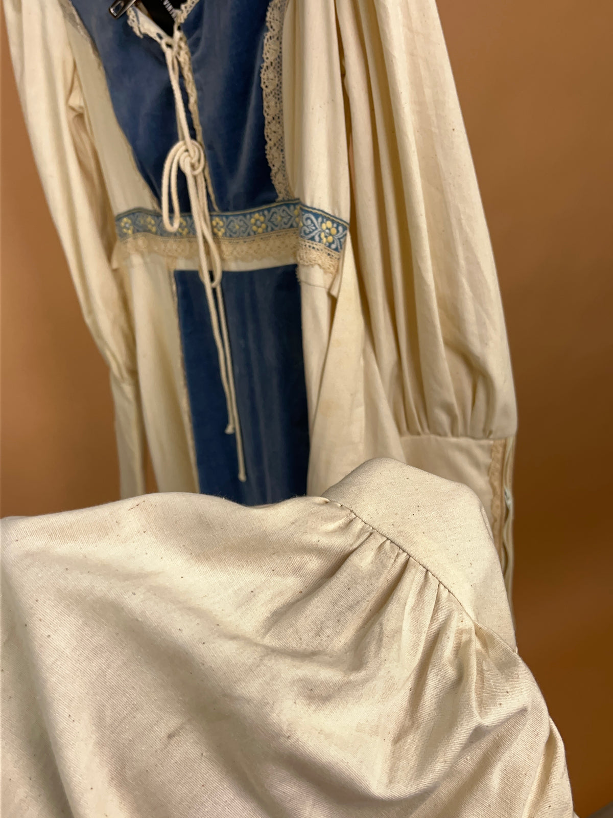Gunne Sax cream and dusty blue velvet prairie dress, made in USA — Arkive Vintage