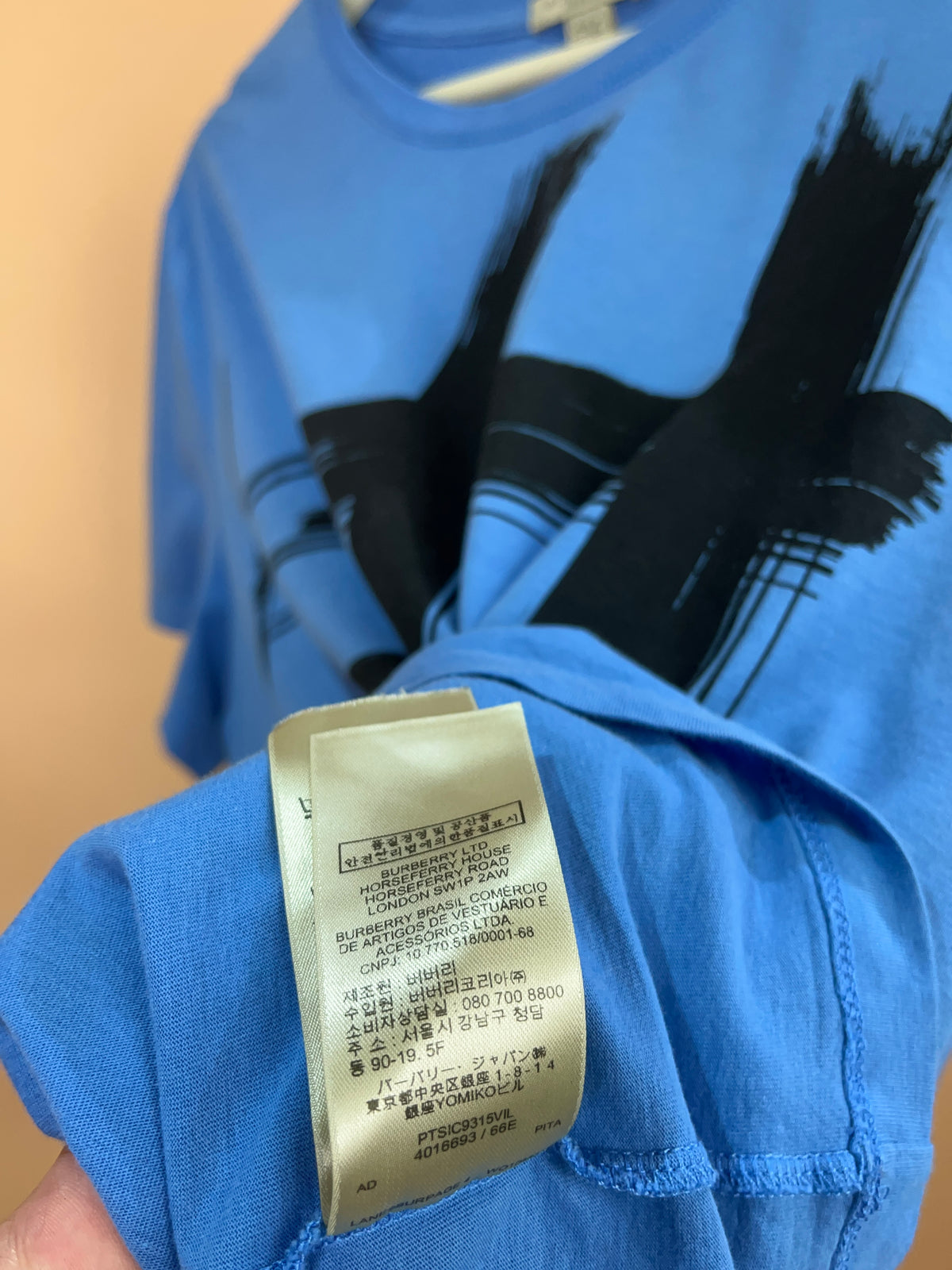 Y2k Burberry Paint Streak Print Blue T-shirt - L