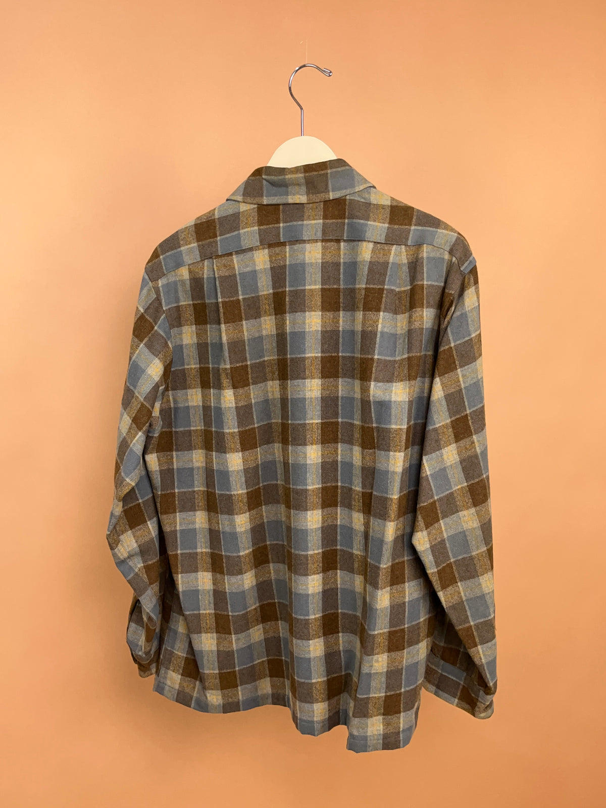 1970's Pendleton brown, grey and yellow plaid wool board shirt, USA-made — Arkive Vintage