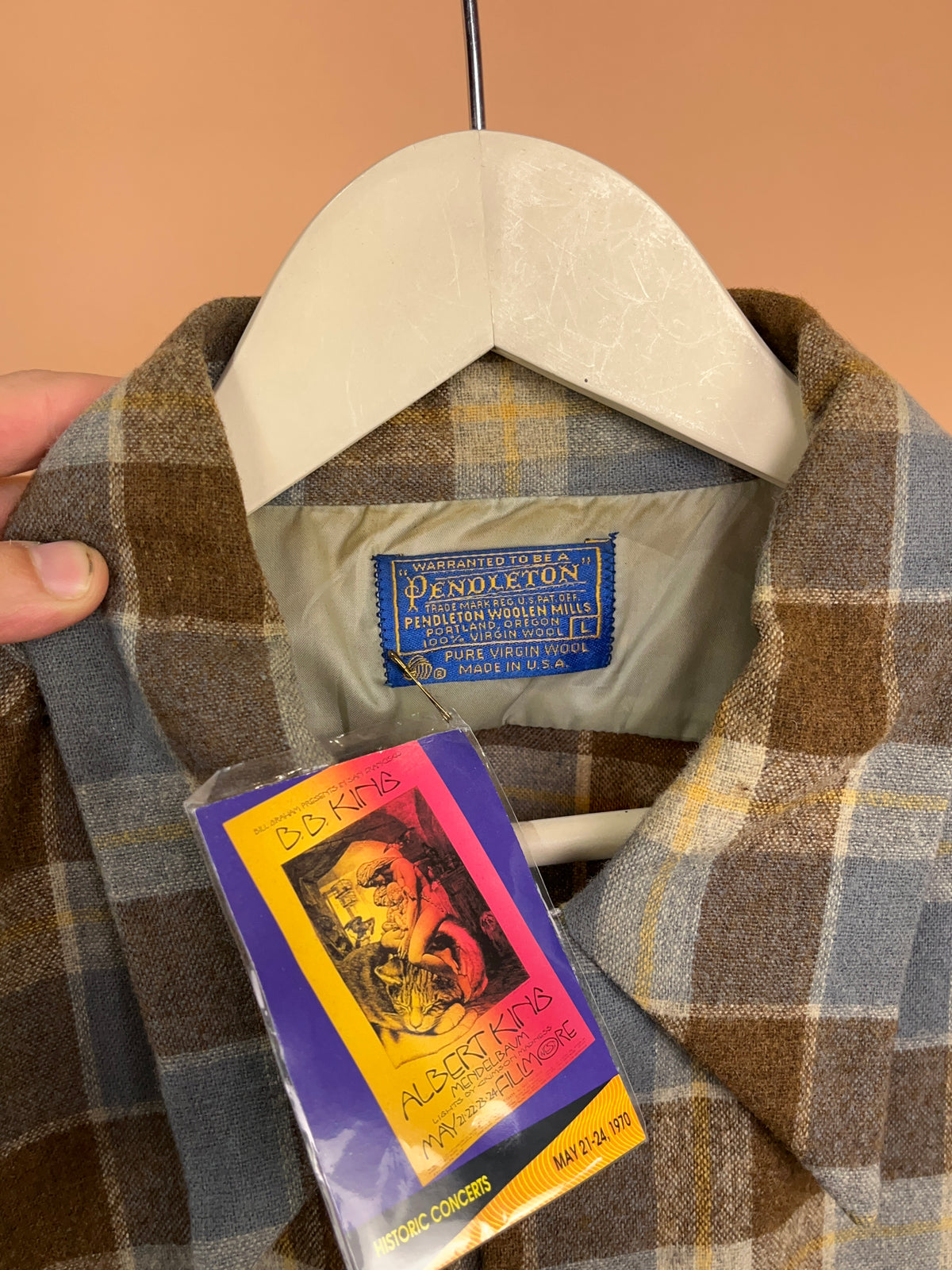 1970's Pendleton brown, grey and yellow plaid wool board shirt, USA-made — Arkive Vintage