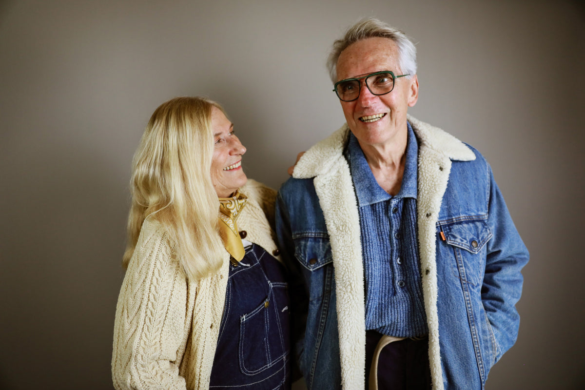 Campaign shot for Arkive Vintage workwear collection featuring models Slavic and Helena in vintage workwear pieces