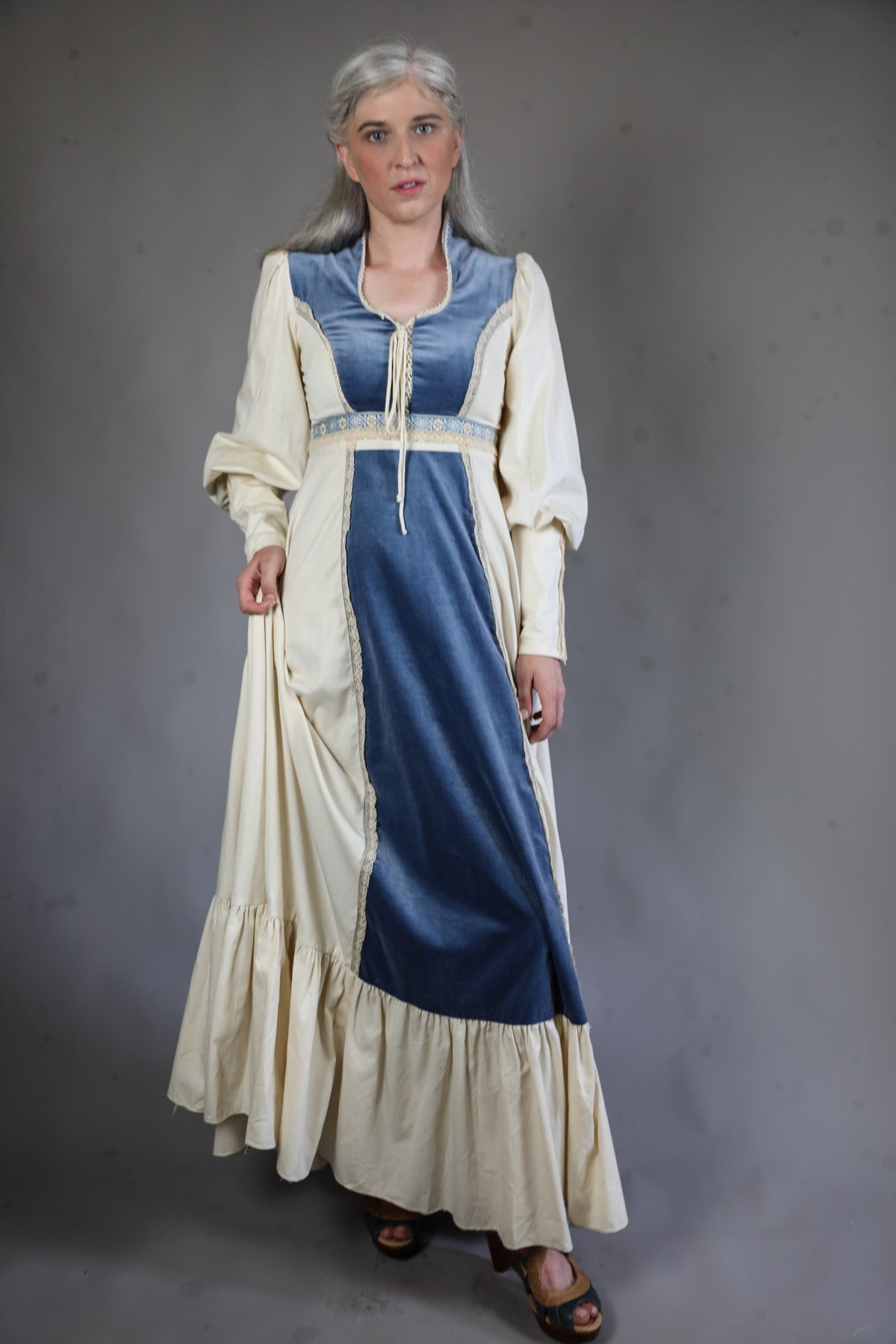 Gunne Sax Cream & Dusty Blue Velvet Prairie Dress - 8
