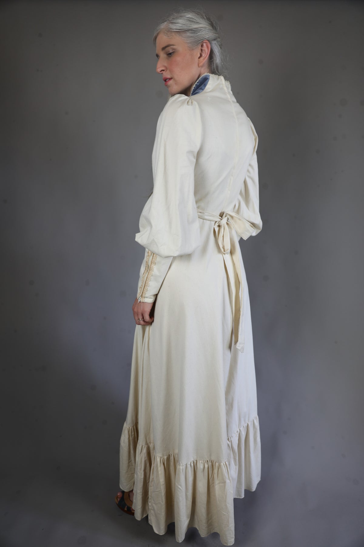 Gunne Sax Cream & Dusty Blue Velvet Prairie Dress - 8