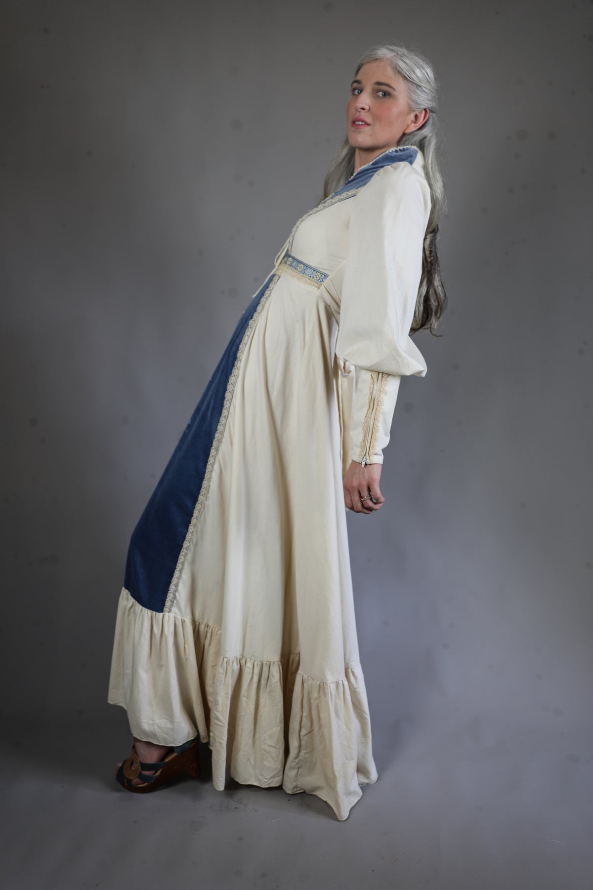 Gunne Sax cream and dusty blue velvet prairie dress, made in USA — Arkive Vintage
