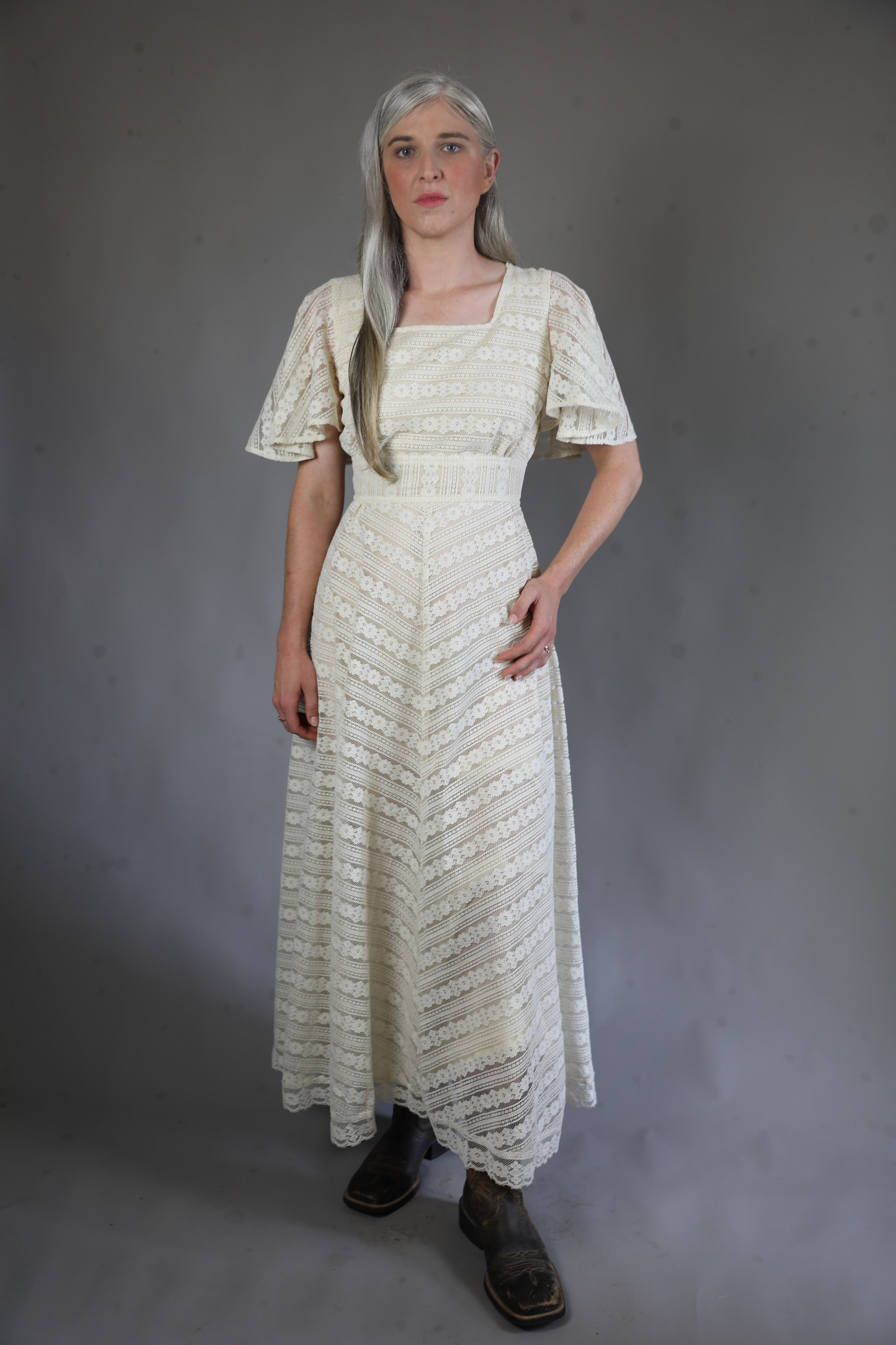 Vintage 1970s Cream Lace Prairie Dress