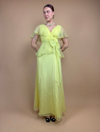 1970's Pale Yellow Sheer Evening Gown