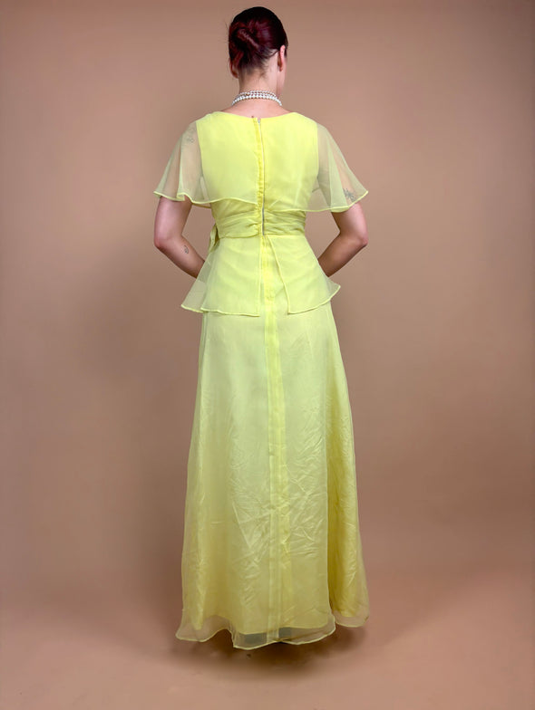 1970's Pale Yellow Sheer Evening Gown