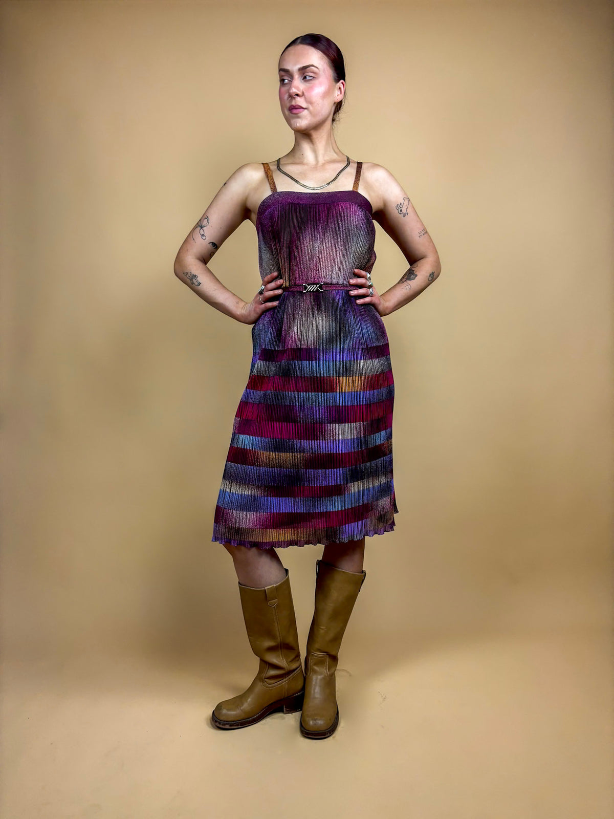 1970s Strappy Sunray Pleated Dress - 10