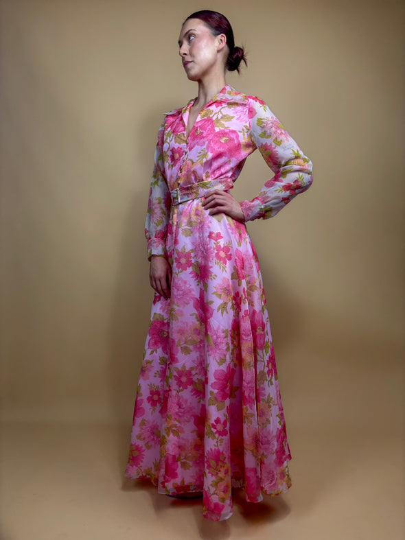 1970's Pink Tonal Floral Gown