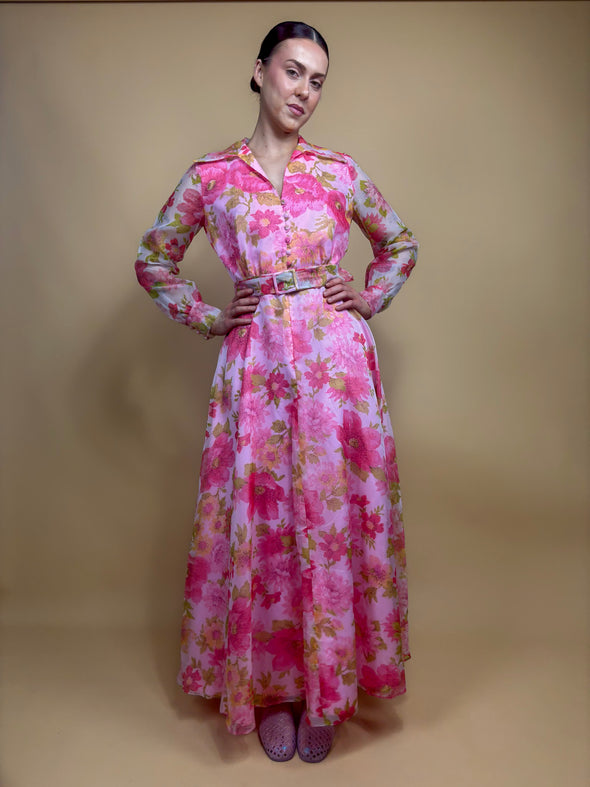 1970's Pink Tonal Floral Gown