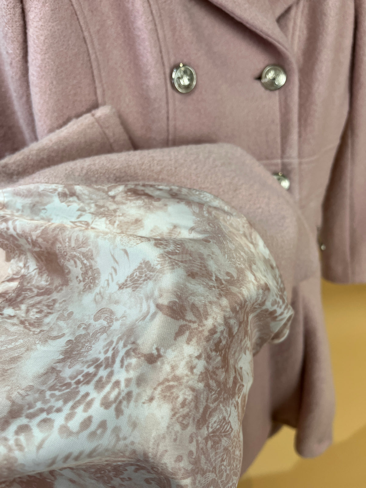 Y2K Guess dusty pink double breasted wool swing coat with logo hardware — Arkive Vintage