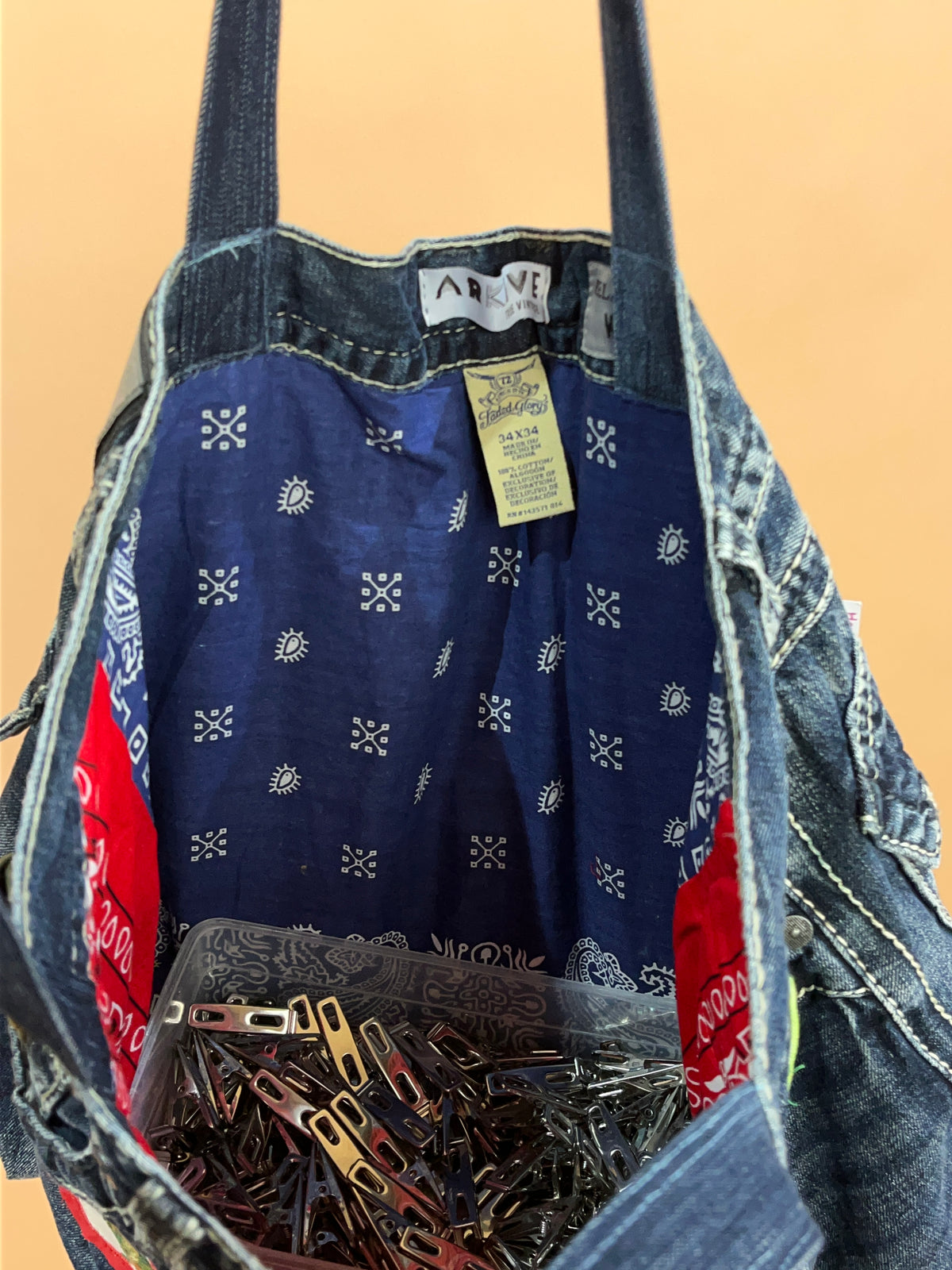 A/New Upcycled Denim Handbag Navy/Red/Blue