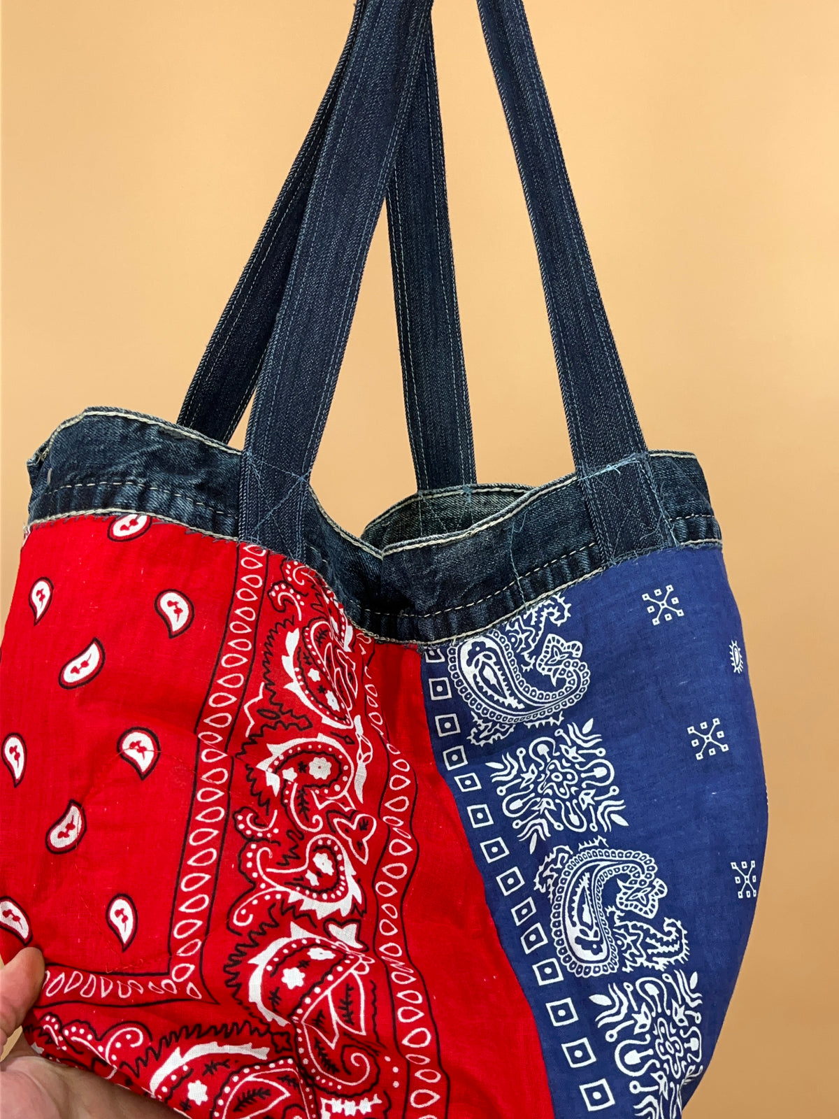 A/New Upcycled Denim Handbag Navy/Red/Blue