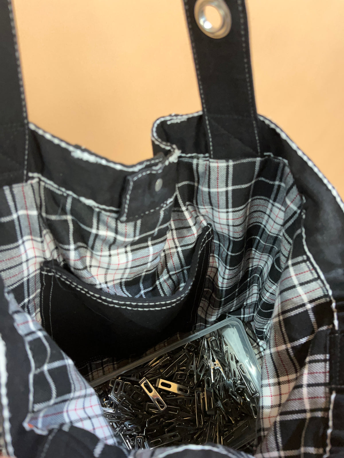 A/New Upcycled Denim Handbag Black/Plaid