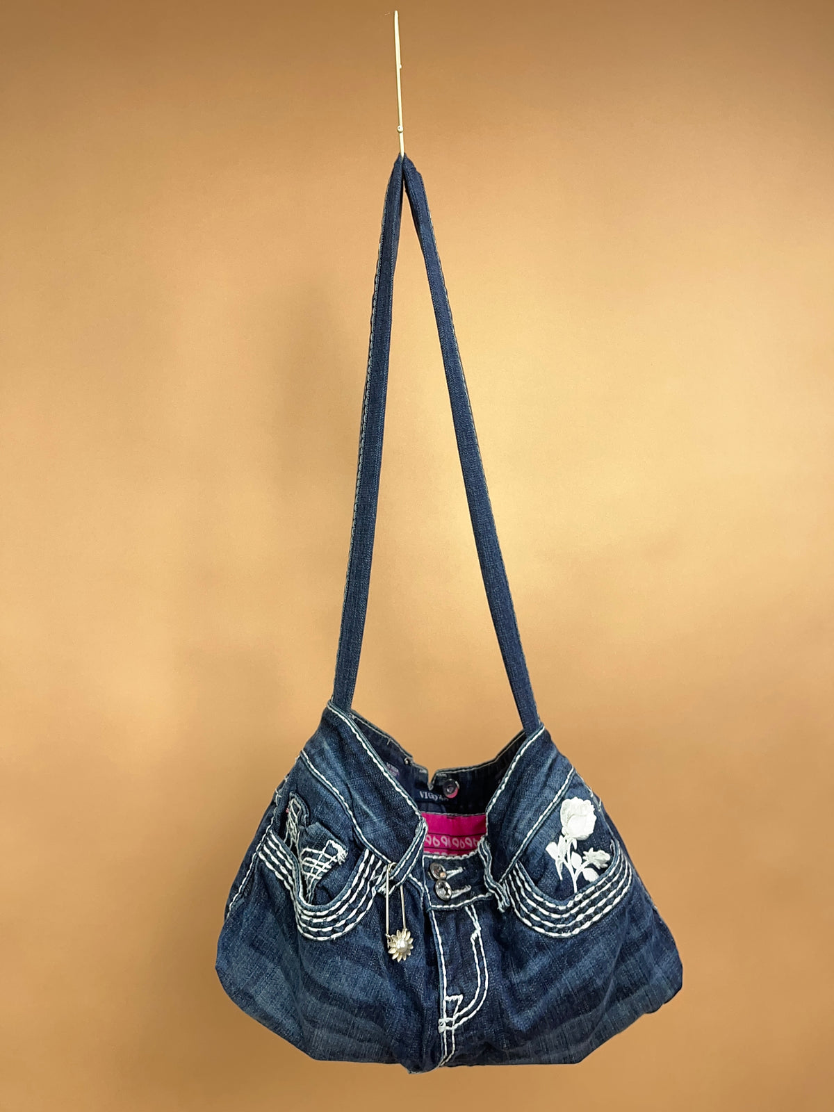 A/New Upcycled Denim Handbag Navy/Pink