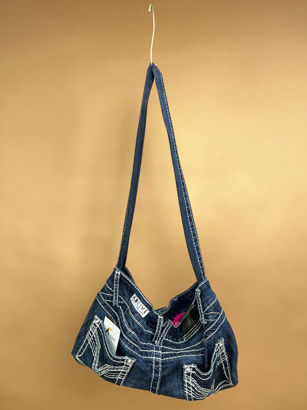 A/New Upcycled Denim Handbag Navy/Pink