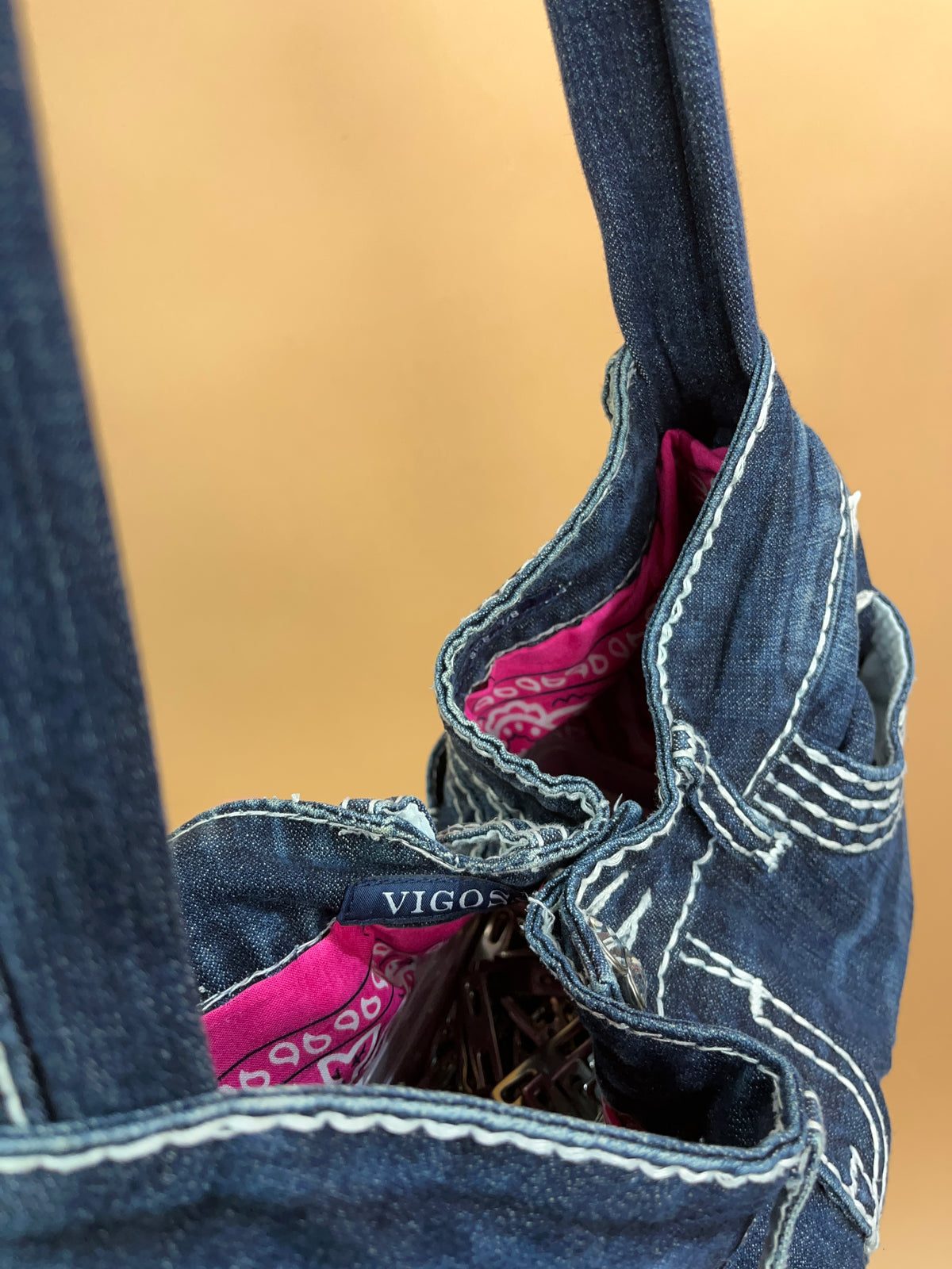 A/New Upcycled Denim Handbag Navy/Pink