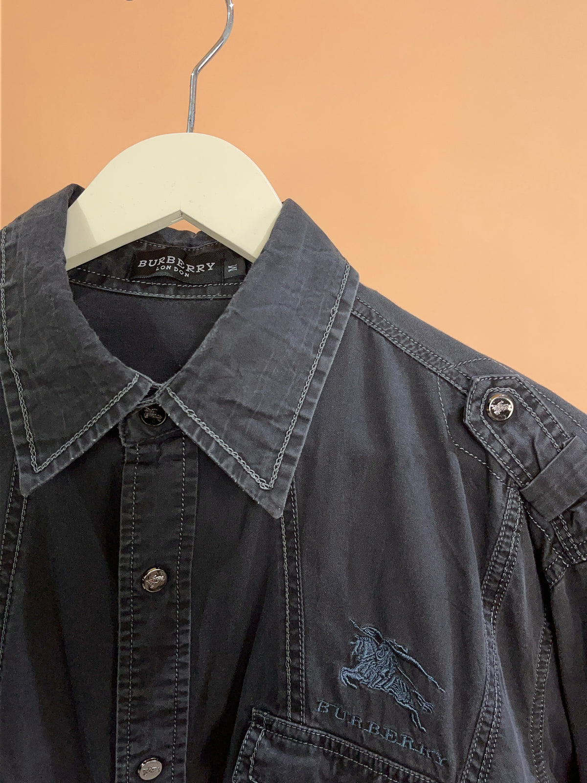 Y2K Burberry London black shirt with silver contrast stitching — Arkive Vintage