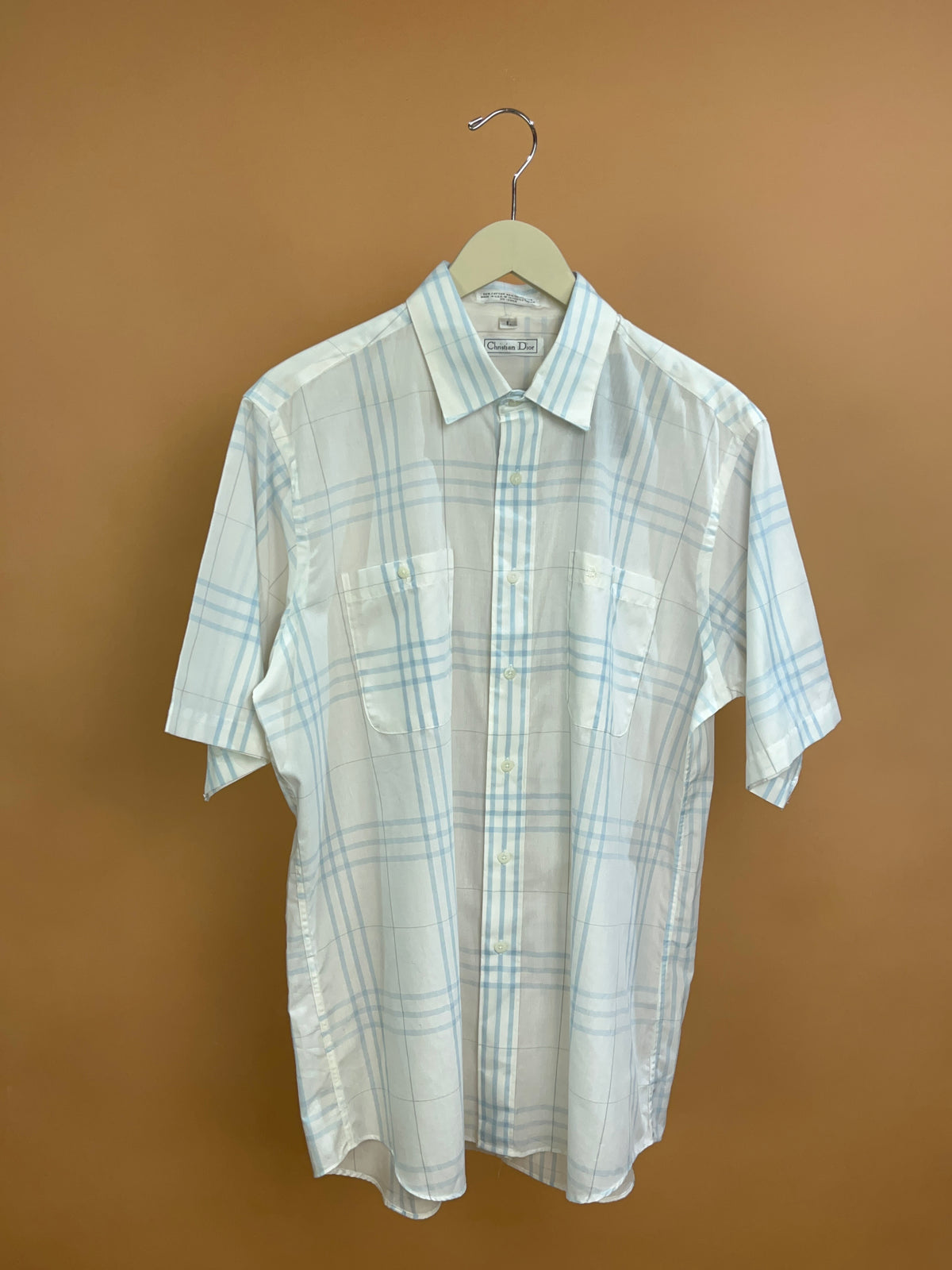 1990s Christian Dior White & Blue Plaid Lightweight Cotton Shirt - L
