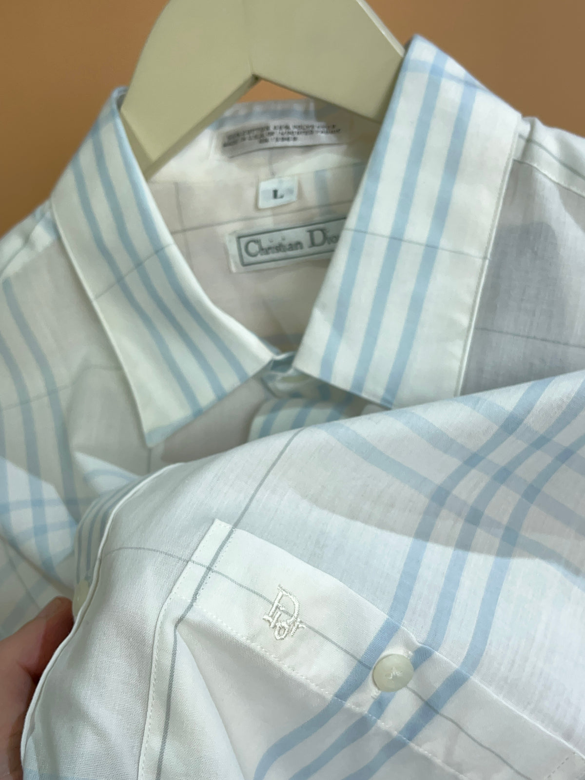 1990s Christian Dior White & Blue Plaid Lightweight Cotton Shirt - L