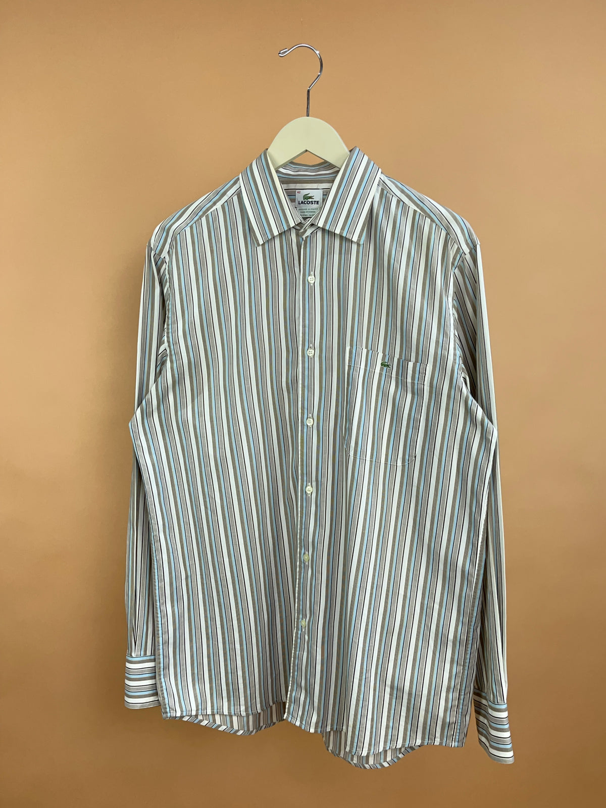 1990s Lacoste Pale Blue, White & Brown Stripe Shirt - M