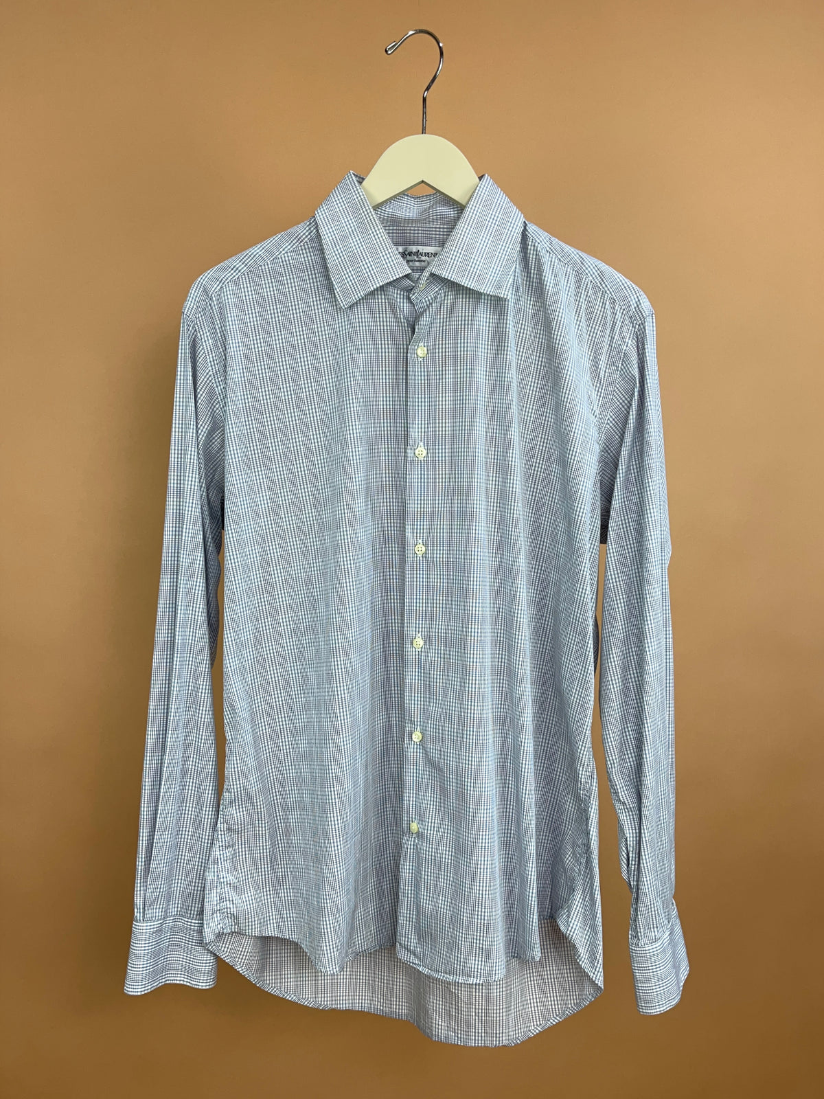 1990s YVES SAINT LAURENT White & Blue Micro Check Cotton Shirt
