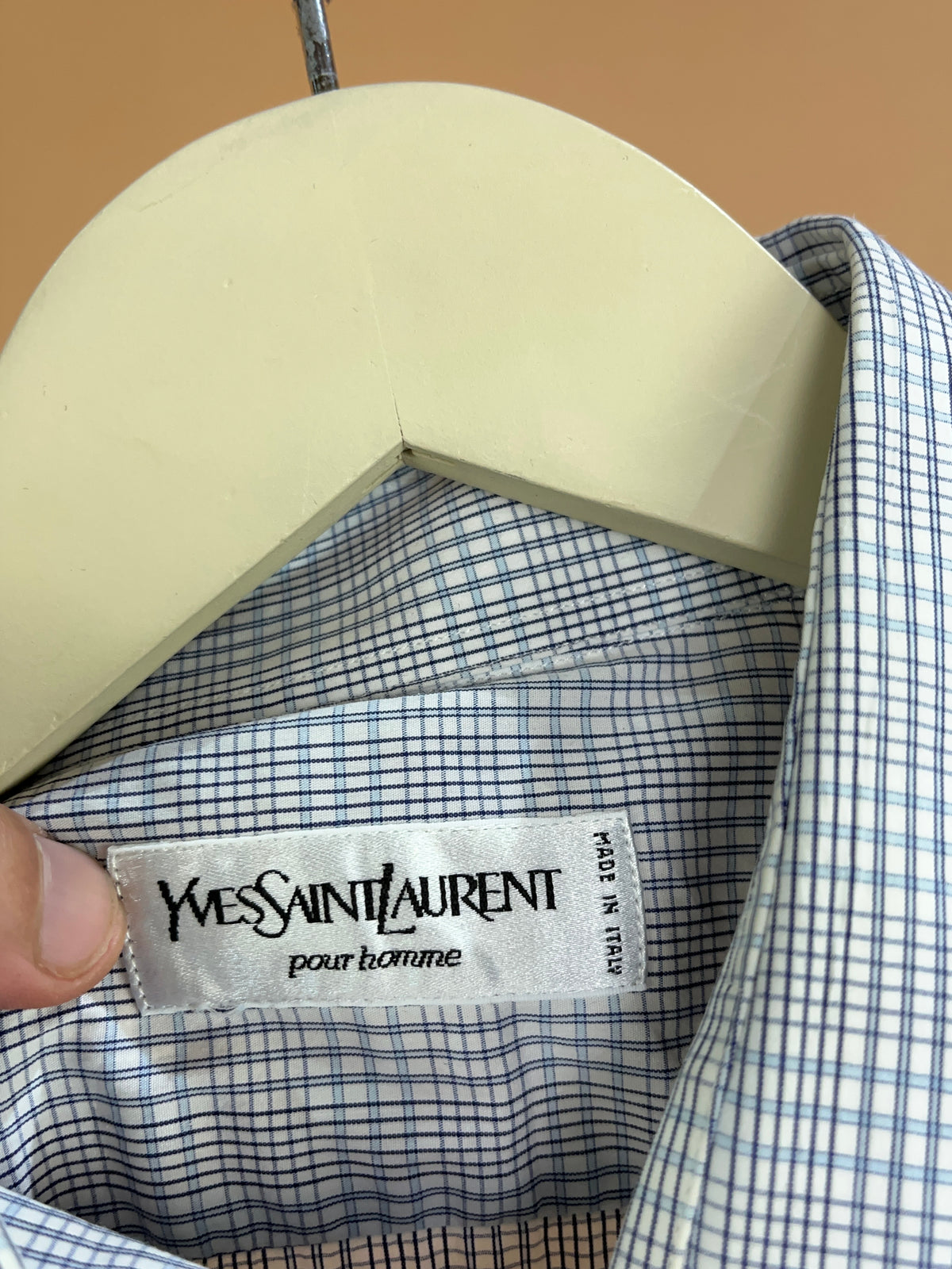 1990s YVES SAINT LAURENT White & Blue Micro Check Cotton Shirt