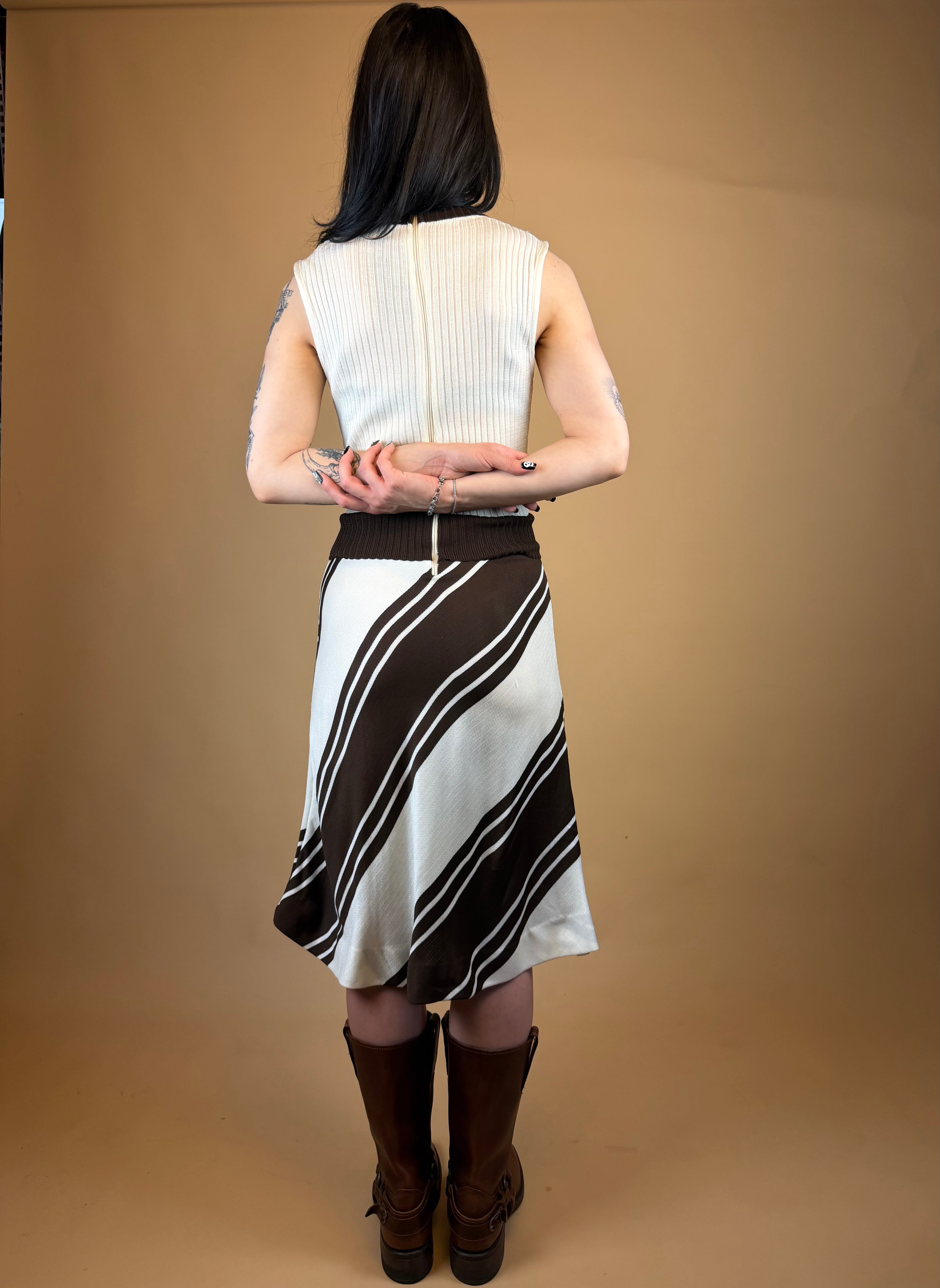 1970's cream and brown block stripe midi dress with plunging neckline — Arkive Vintage