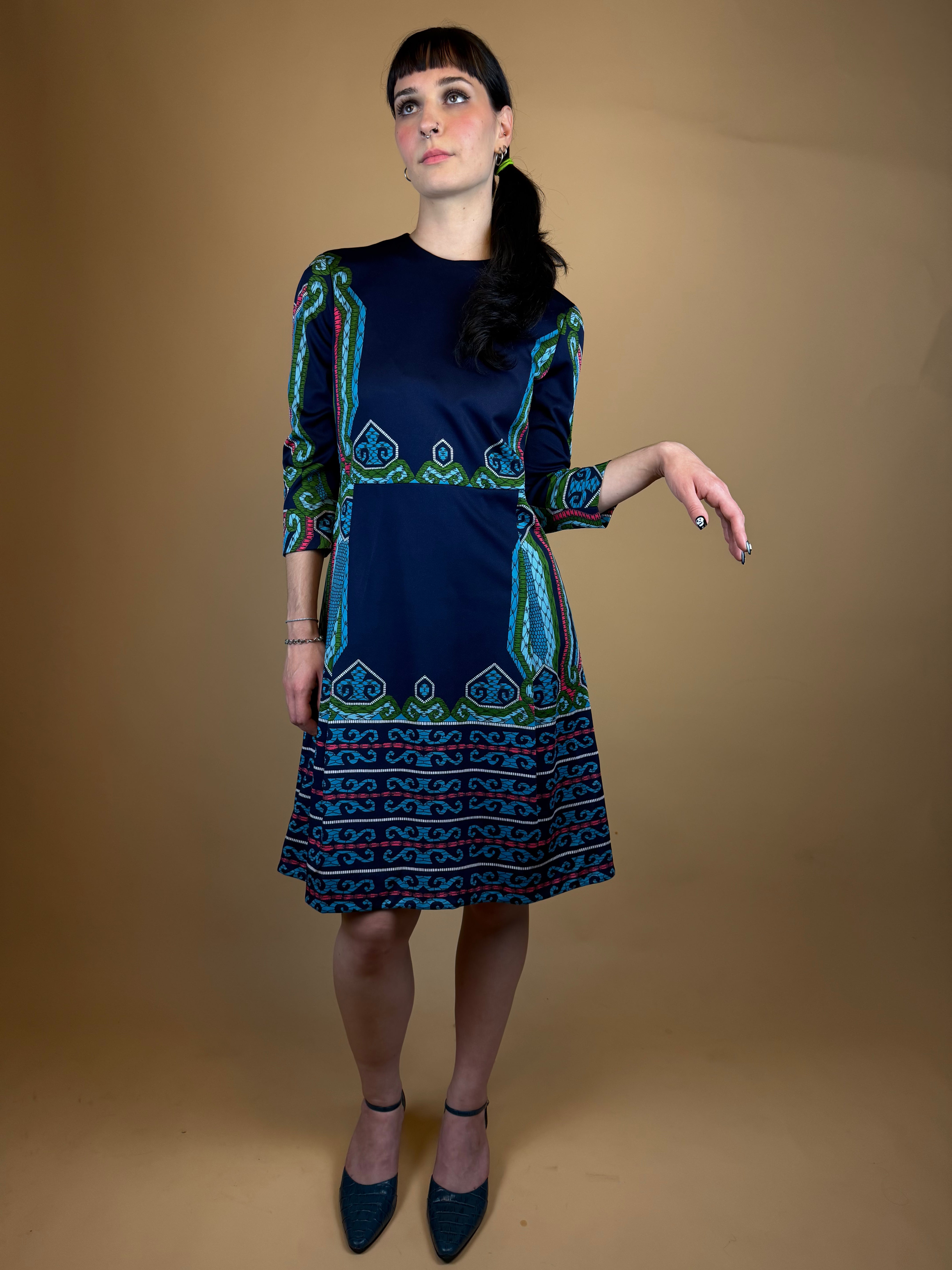 1970s Navy Blue Folk Art Pattern Dress - 10