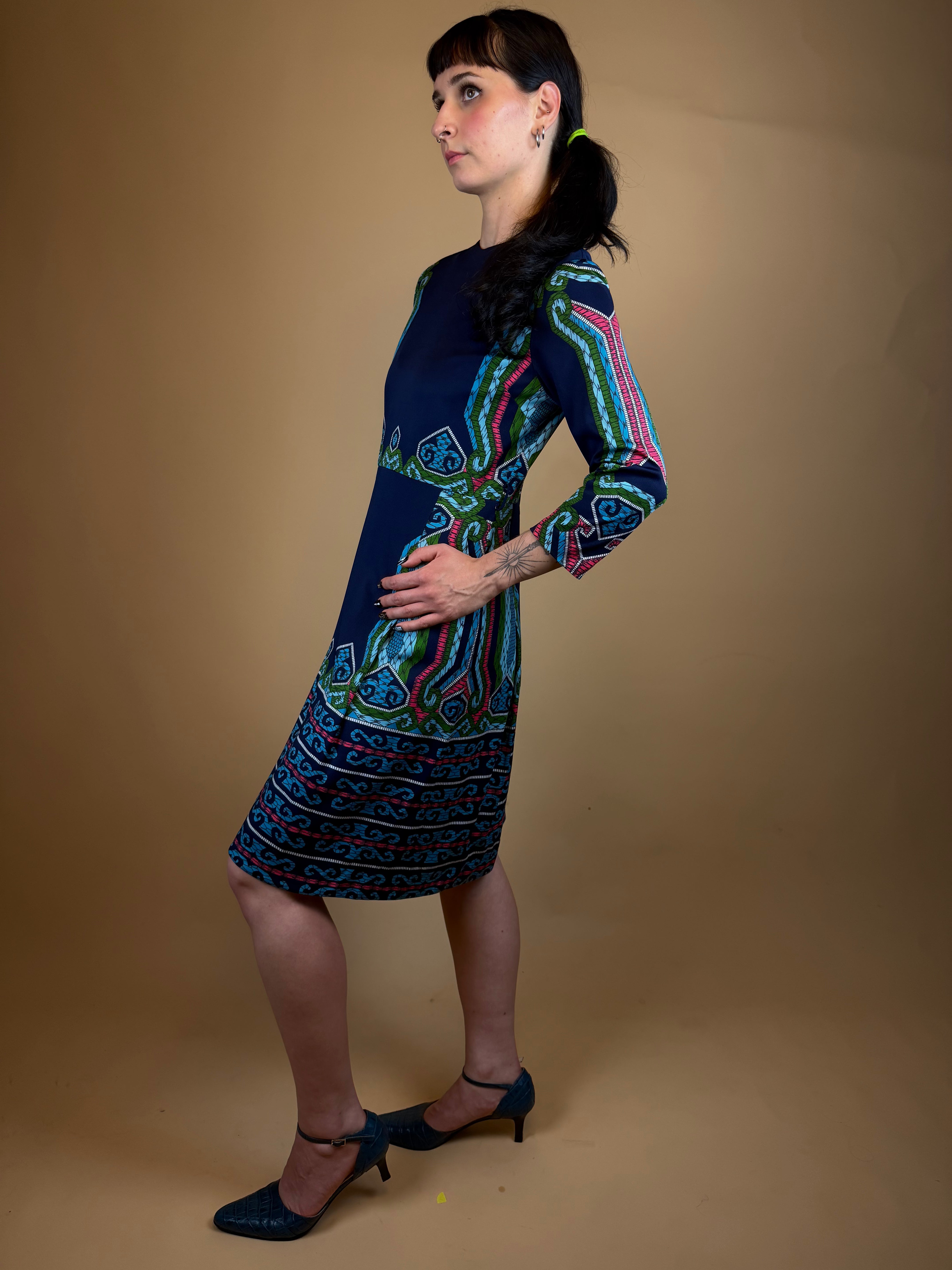 1970s Navy Blue Folk Art Pattern Dress - 10