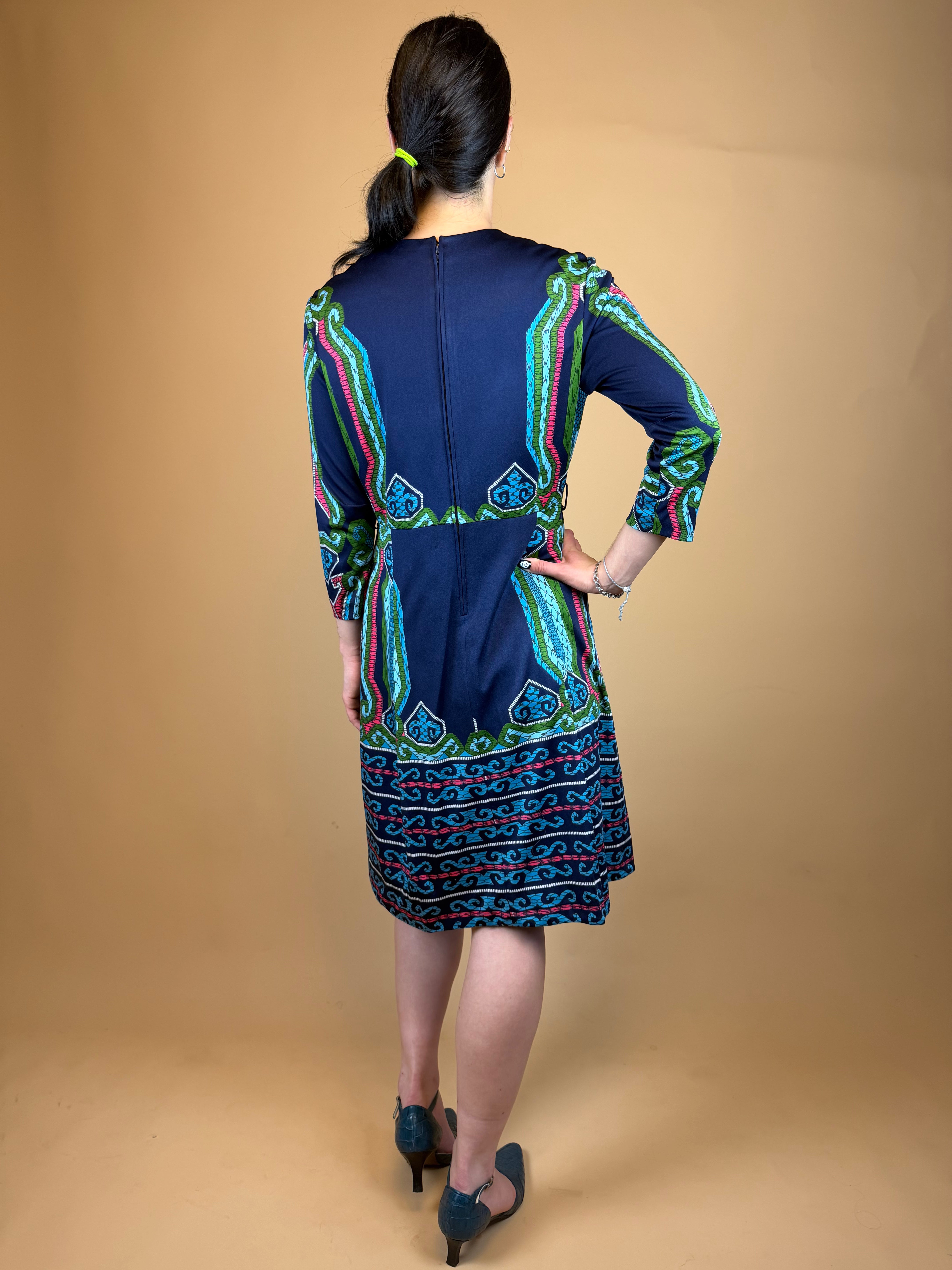 1970's navy blue folk art pattern dress in Pucci-style print — Arkive Vintage