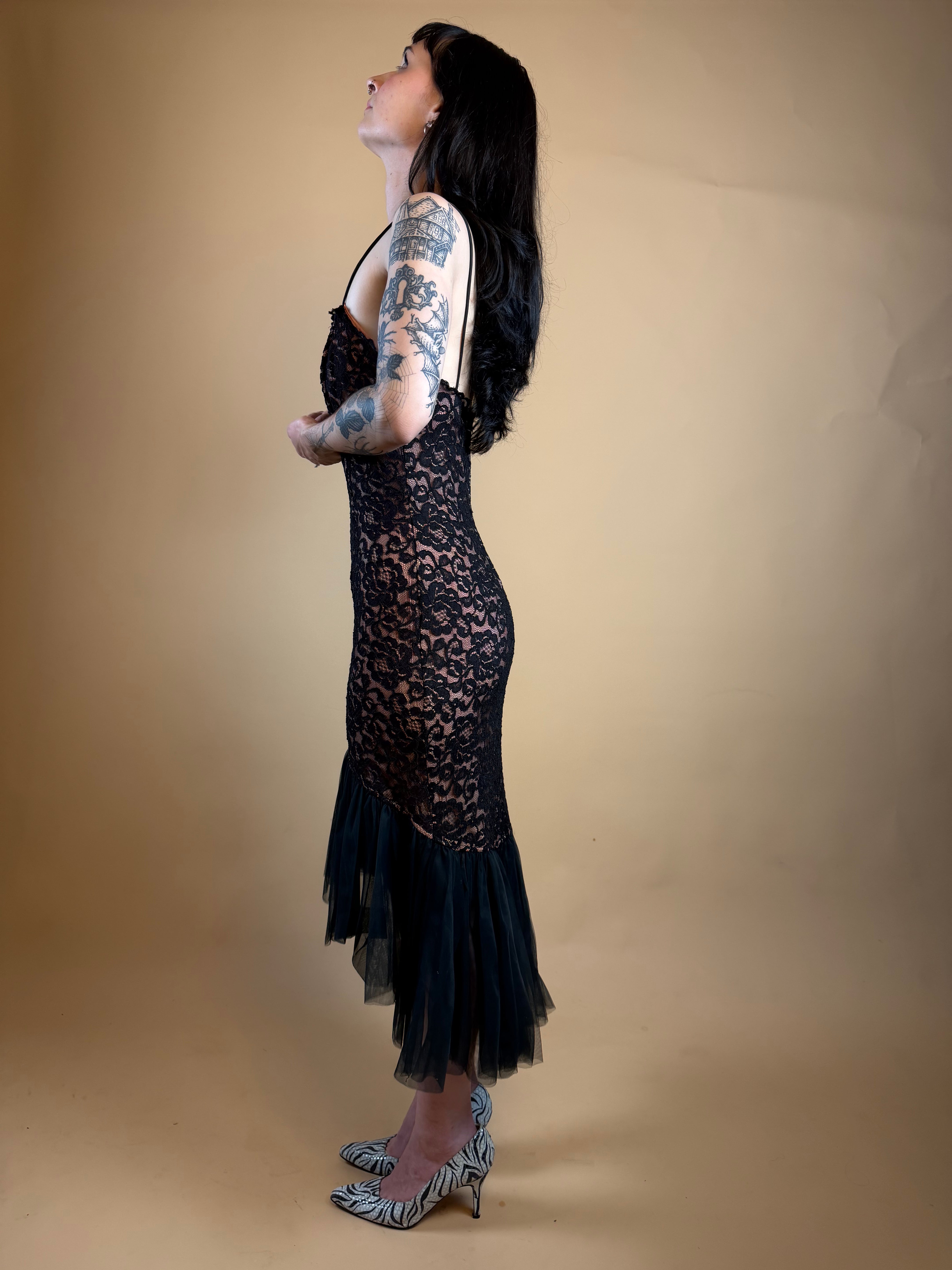 1980s Black Lace Fishtail Dress - Made in USA - 8