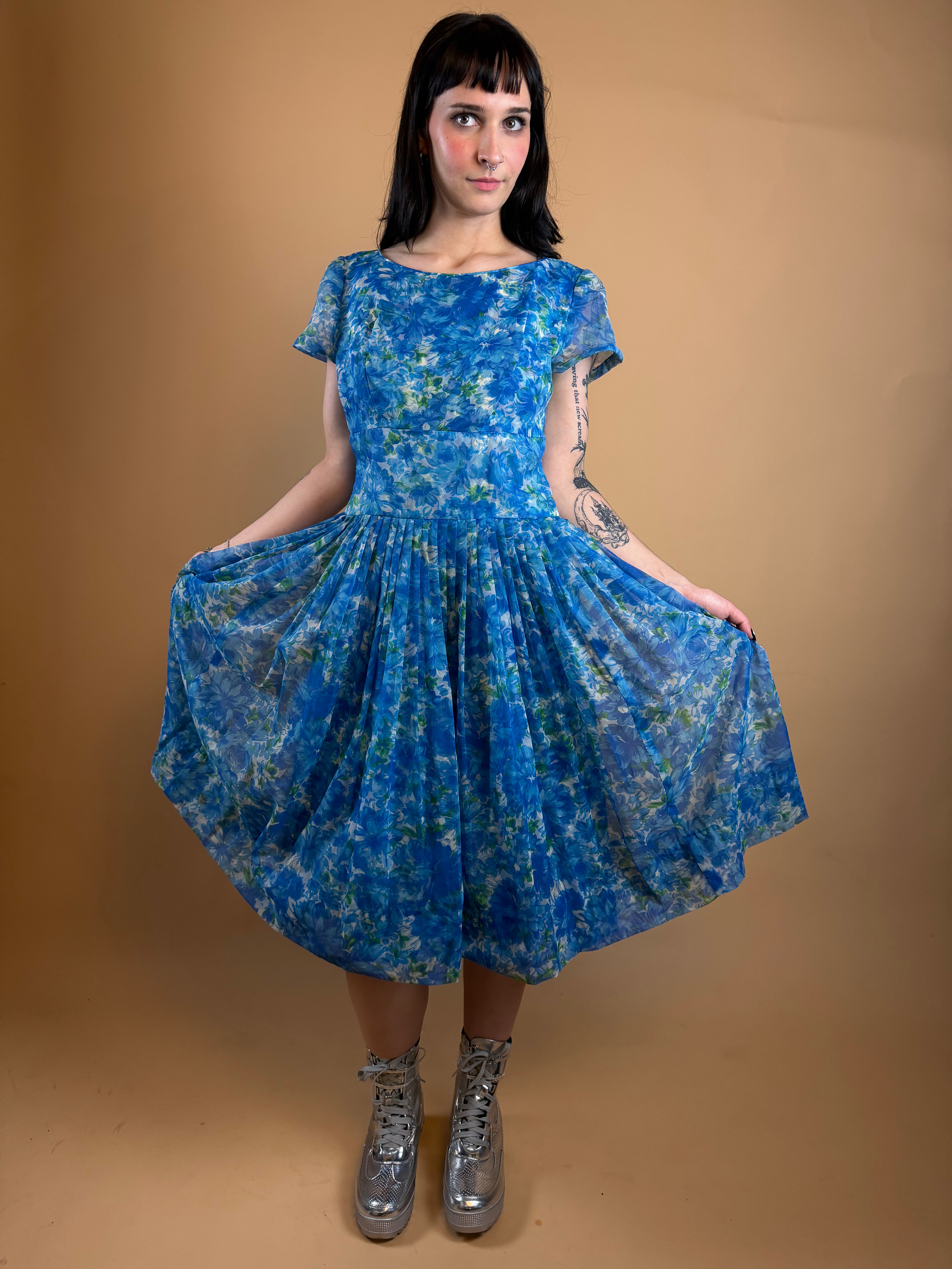 1950s Painted Floral Blue Dress - 10