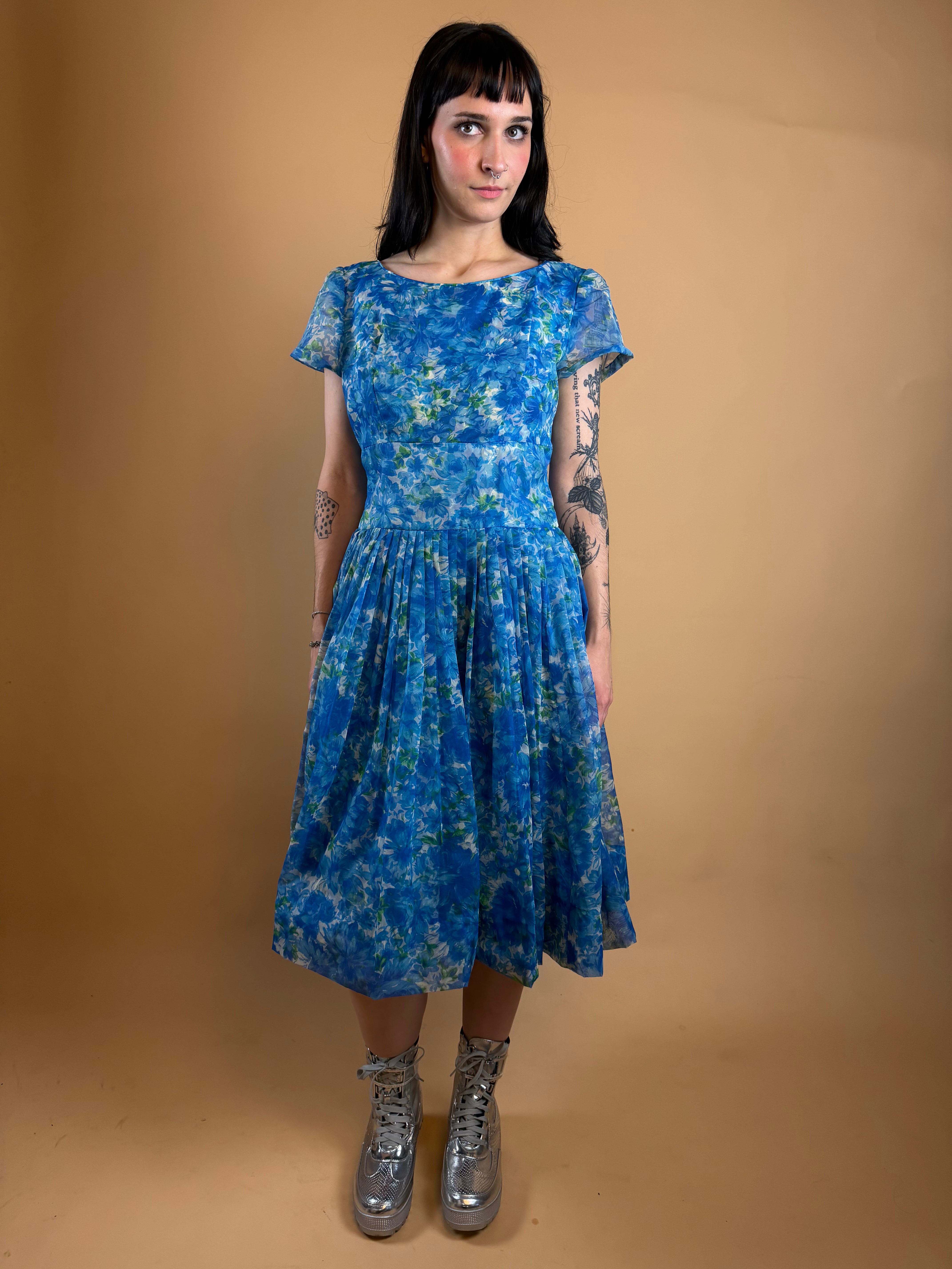 1950s Painted Floral Blue Dress - 10
