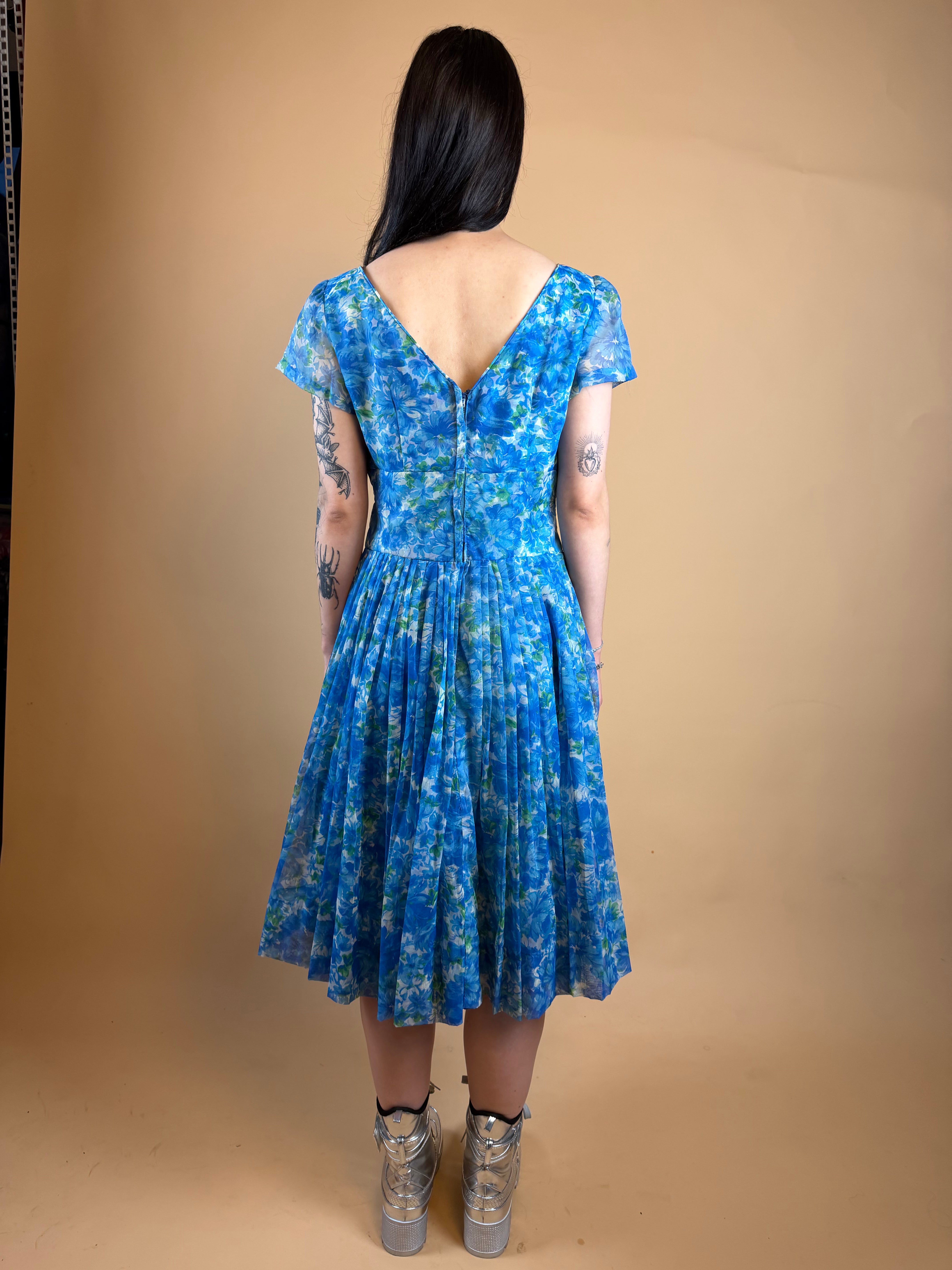 1950's hand painted floral blue dress with knife pleated skirt — Arkive Vintage