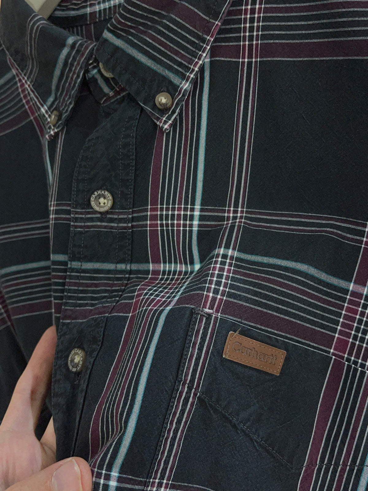Y2K Carhartt black and burgundy plaid shirt with leather patch — Arkive Vintage