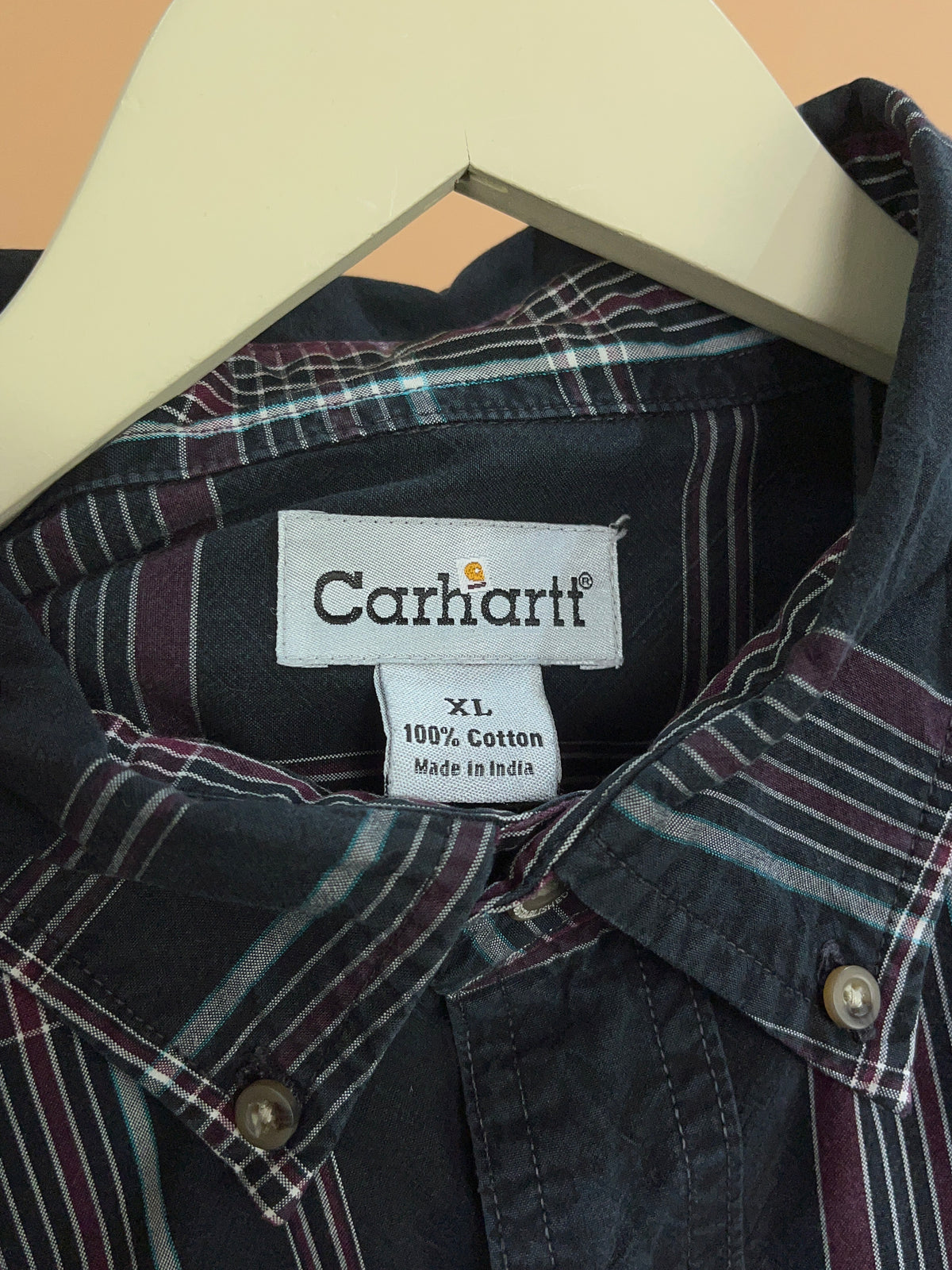 Y2K Carhartt black and burgundy plaid shirt with leather patch — Arkive Vintage
