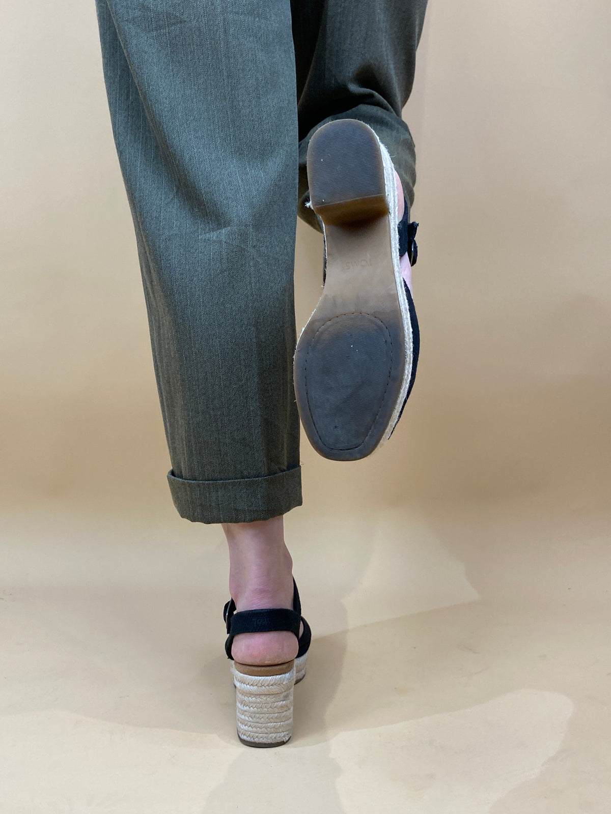 Black TOMS platform sandals with textile upper, 70s-inspired style — Arkive Vintage