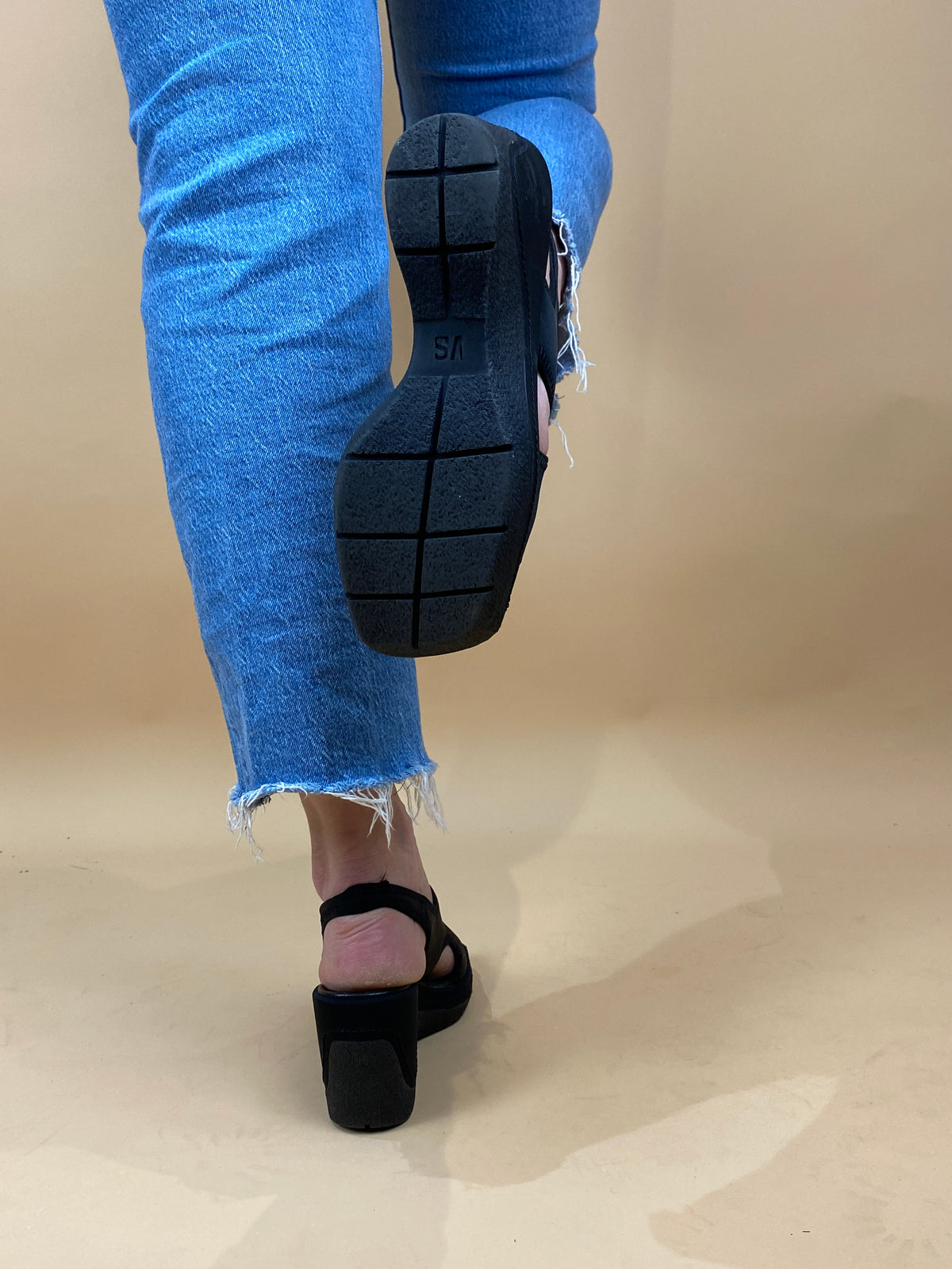 Y2K black stretch neoprene wedge heels, futuristic body-con style — Arkive Vintage